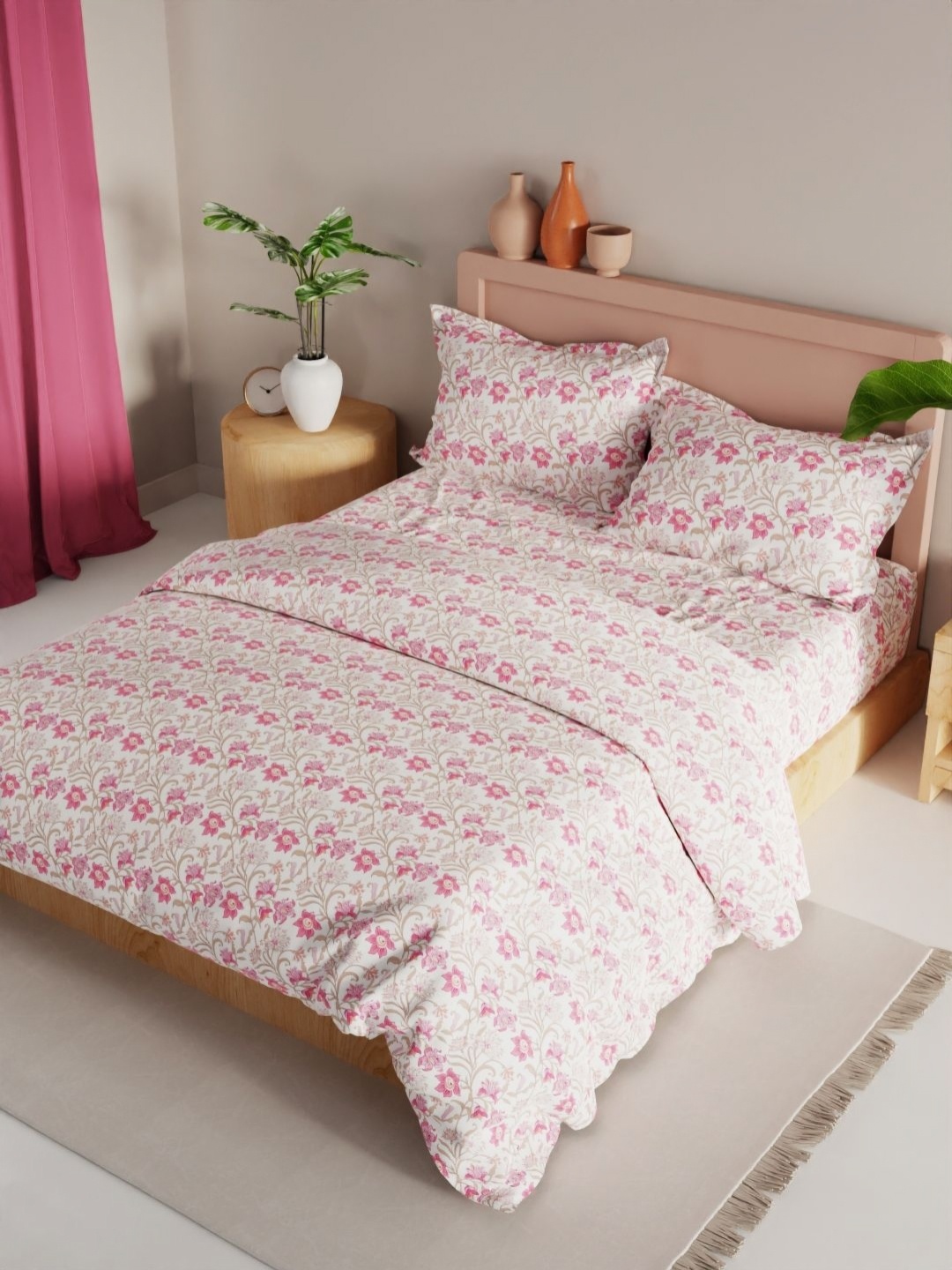 

KOPA Pink & White 4 Pieces Floral Printed Microfiber Double Queen Regular Bedding Set