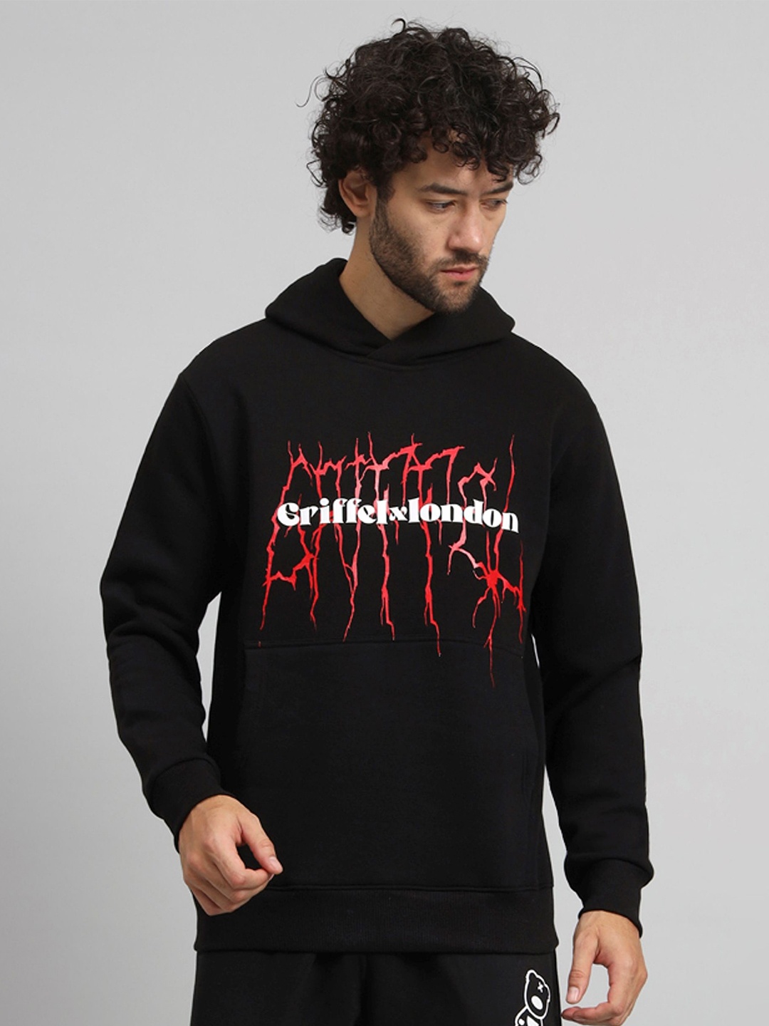 

GRIFFEL Men Typography Printed Hood Fleece Pullover Sweatshirt, Black