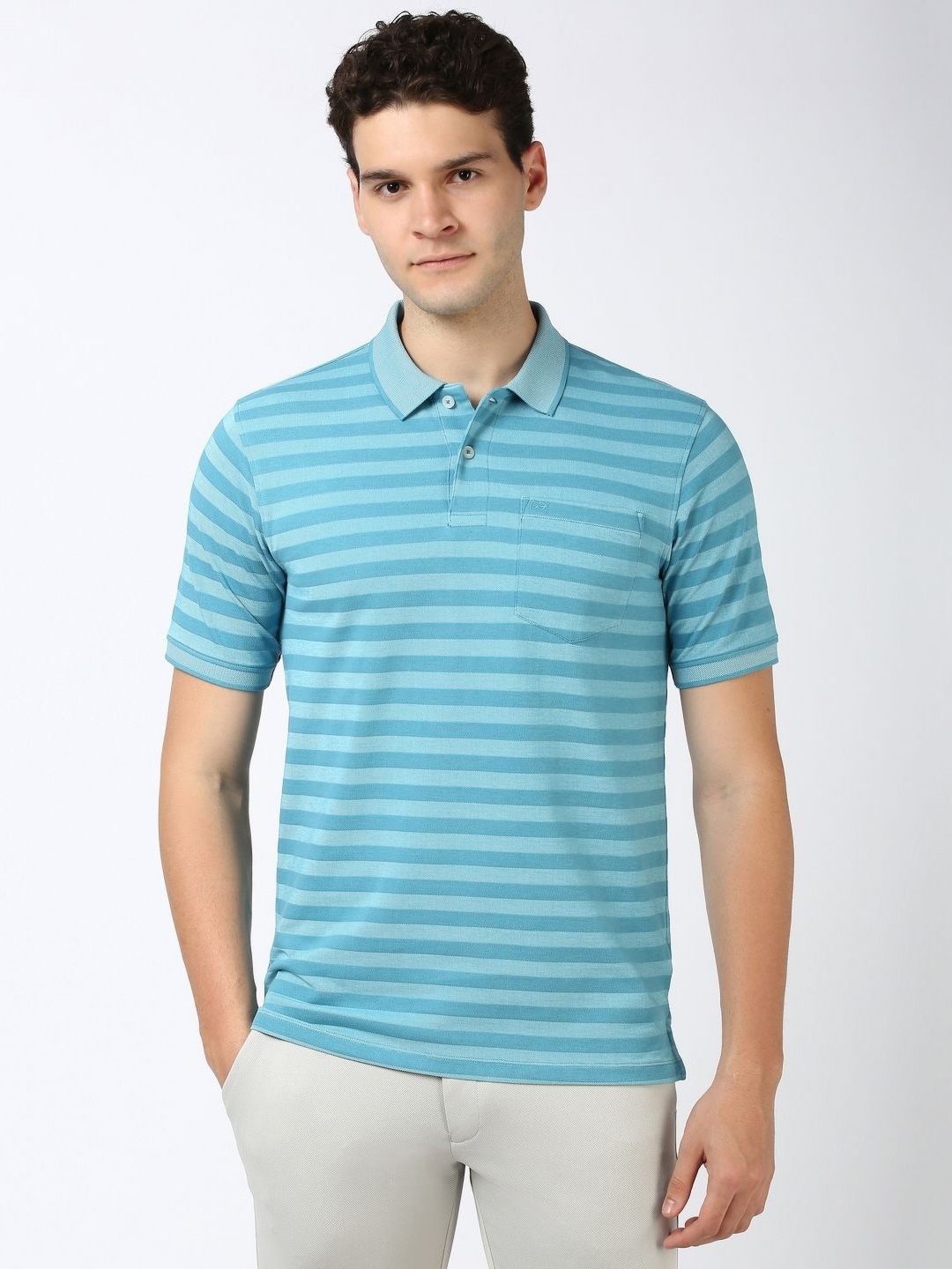 

Peter England Men Striped Polo Collar Cotton T-shirt, Blue
