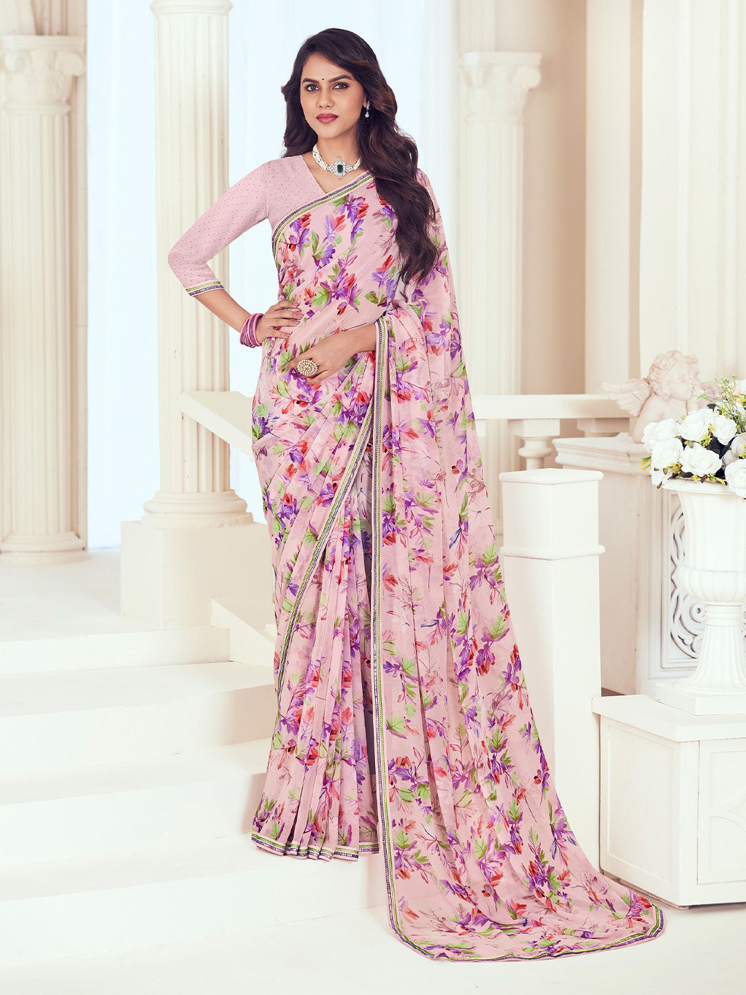 

Laxmipati Floral Embroidered Poly Georgette Saree with unstitched blouse piece, Pink