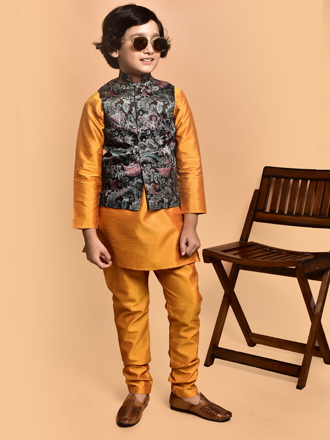 

PRINTCULTR Boys Mandarin Collar Straight Kurta With Churidar And Printed Nehru jacket, Yellow