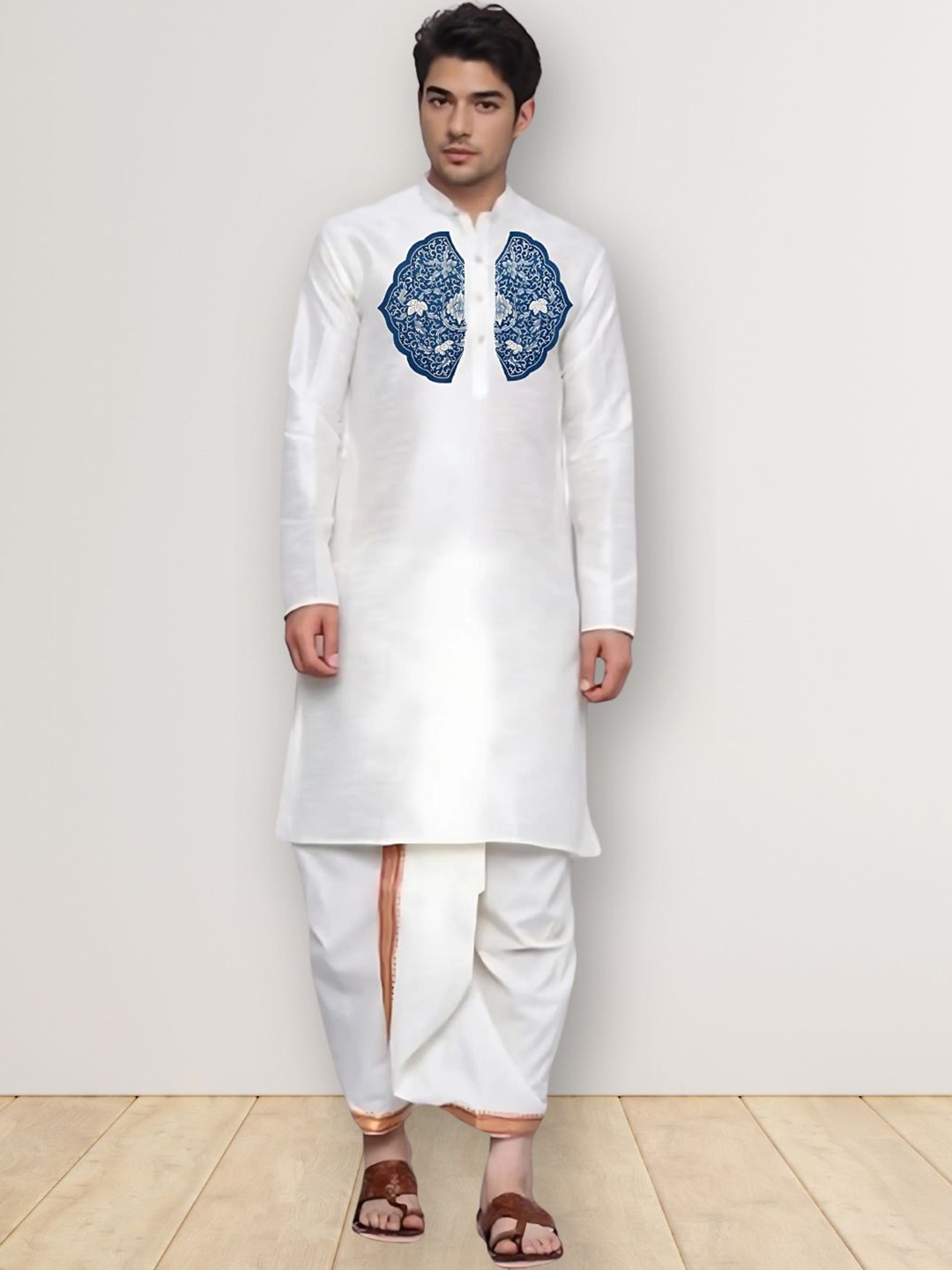 

DEVOILER Ethnic Motifs Printed Mandarin Collar Straight Kurta, White