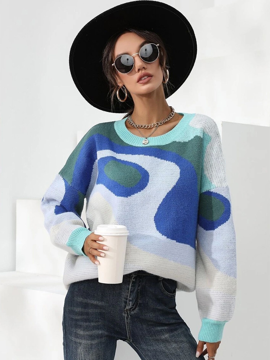 

LULU & SKY Women Abstract Self Design Round Neck Pullover Sweater, Blue