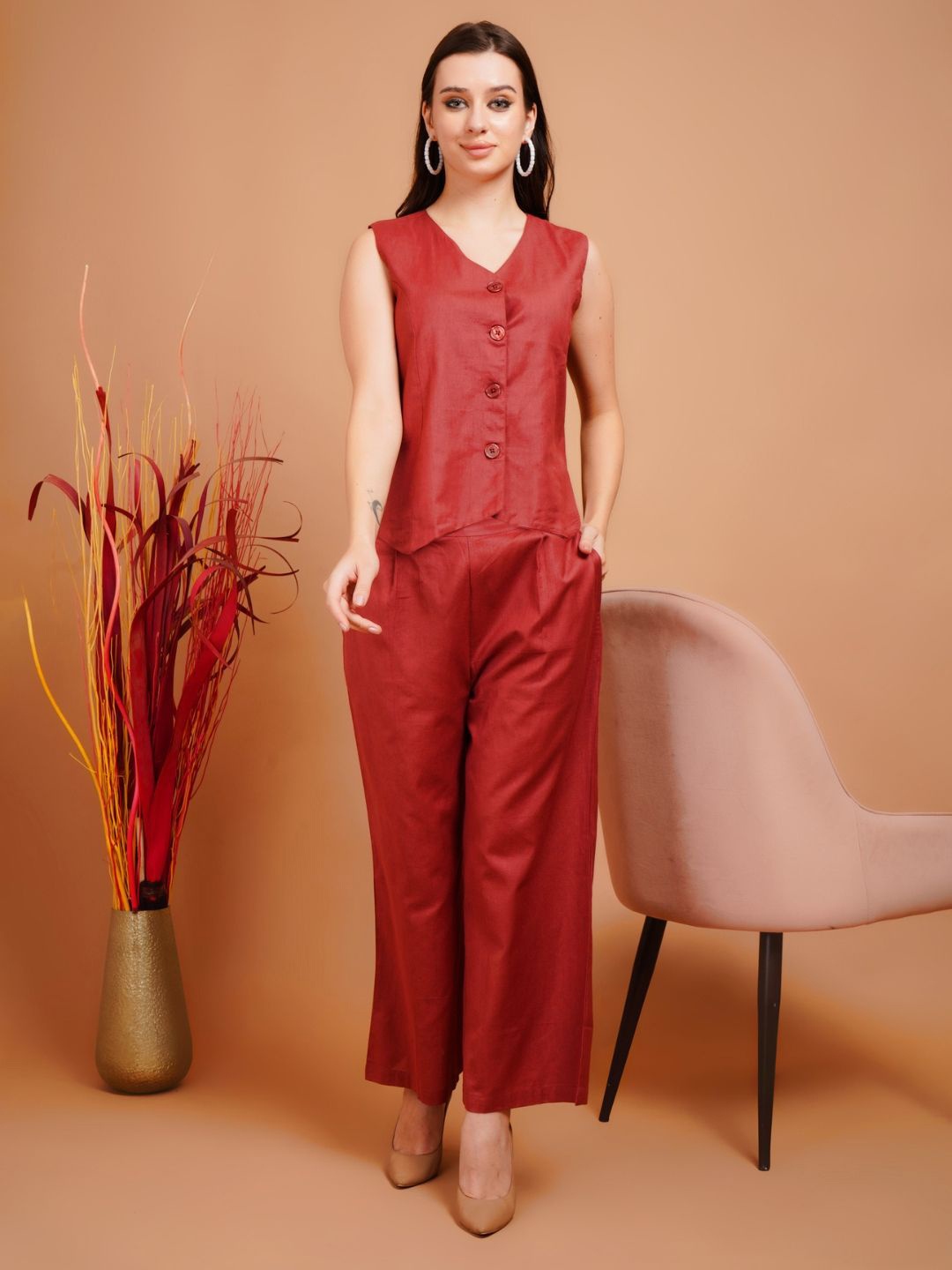 

Boholyfe V-Neck Pure Cotton Waistcoat & Trousers, Rust