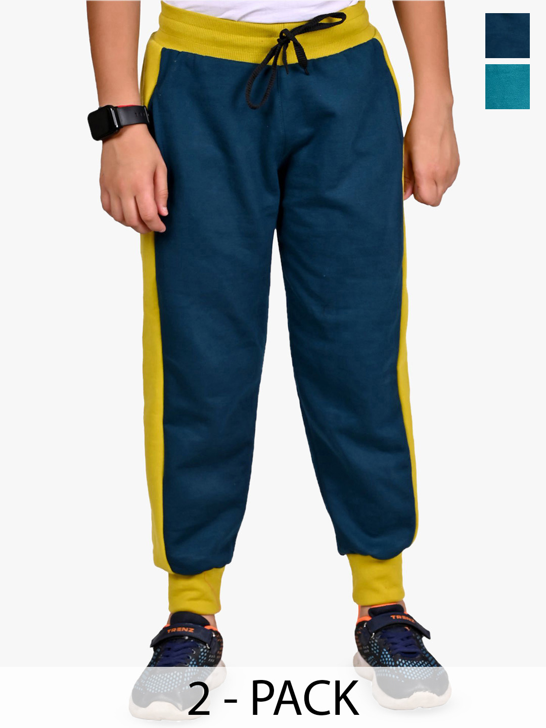 

BAESD Boys Pack Of 2 colourblocked Mid-Rise Joggers Regular Fit Track Pants, Blue