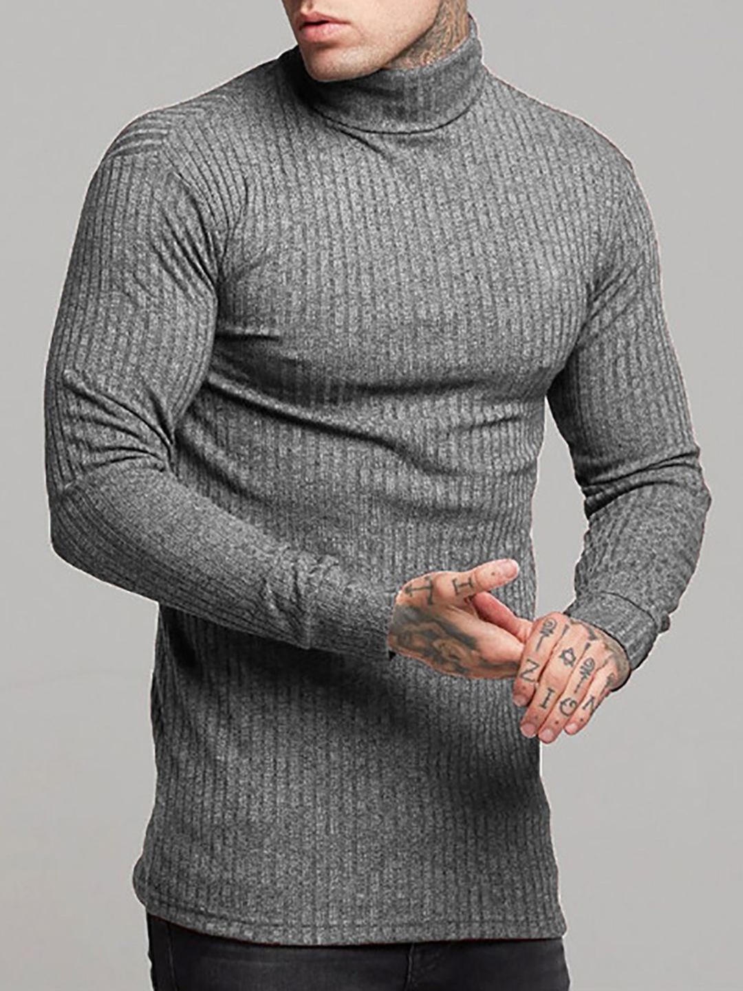 

StyleCast x Revolte Men Ribbed Self Design Turtle Neck Pullover Sweater, Grey