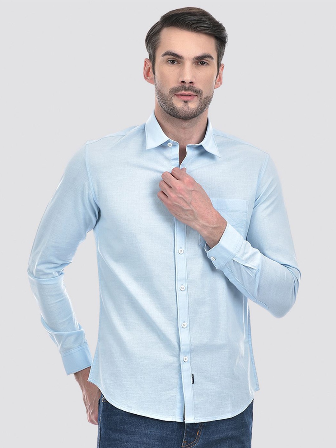 

Numero Uno Men Spread Collar Textured Cotton Slim Fit Casual Shirt, Blue