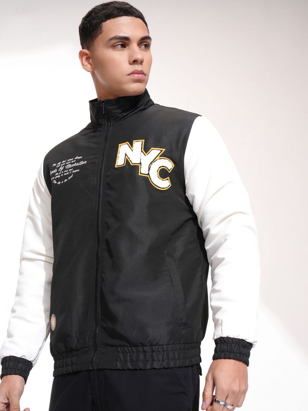 

HIGHLANDER Men Mock Collar Typography Printed Casual Bomber Jacket, Black