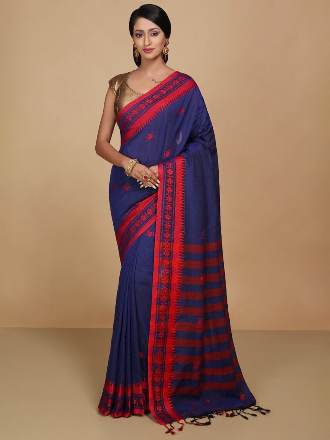 

BENGAL HANDLOOM Woven Design Embroidered Art Silk Taant Saree, Navy blue