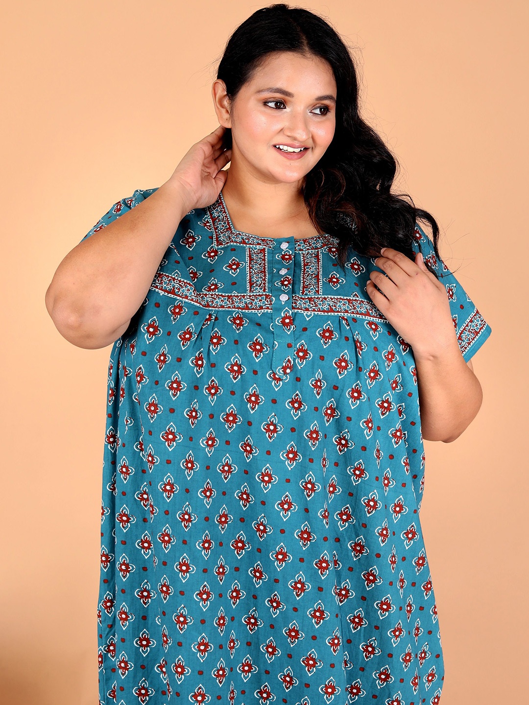 

JAIPZZ APPARELS Women Pure Cotton Printed Maxi Nightdress, Blue
