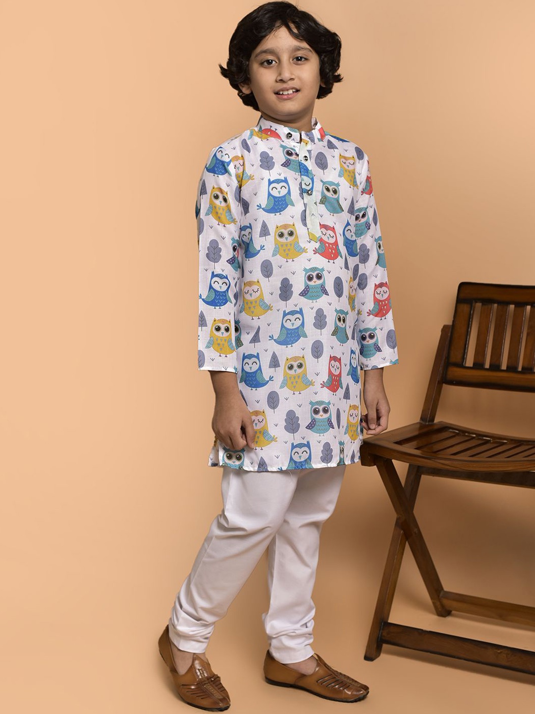 

PRINTCULTR Boys Printed Band Collar Cotton Straight Kurta, White
