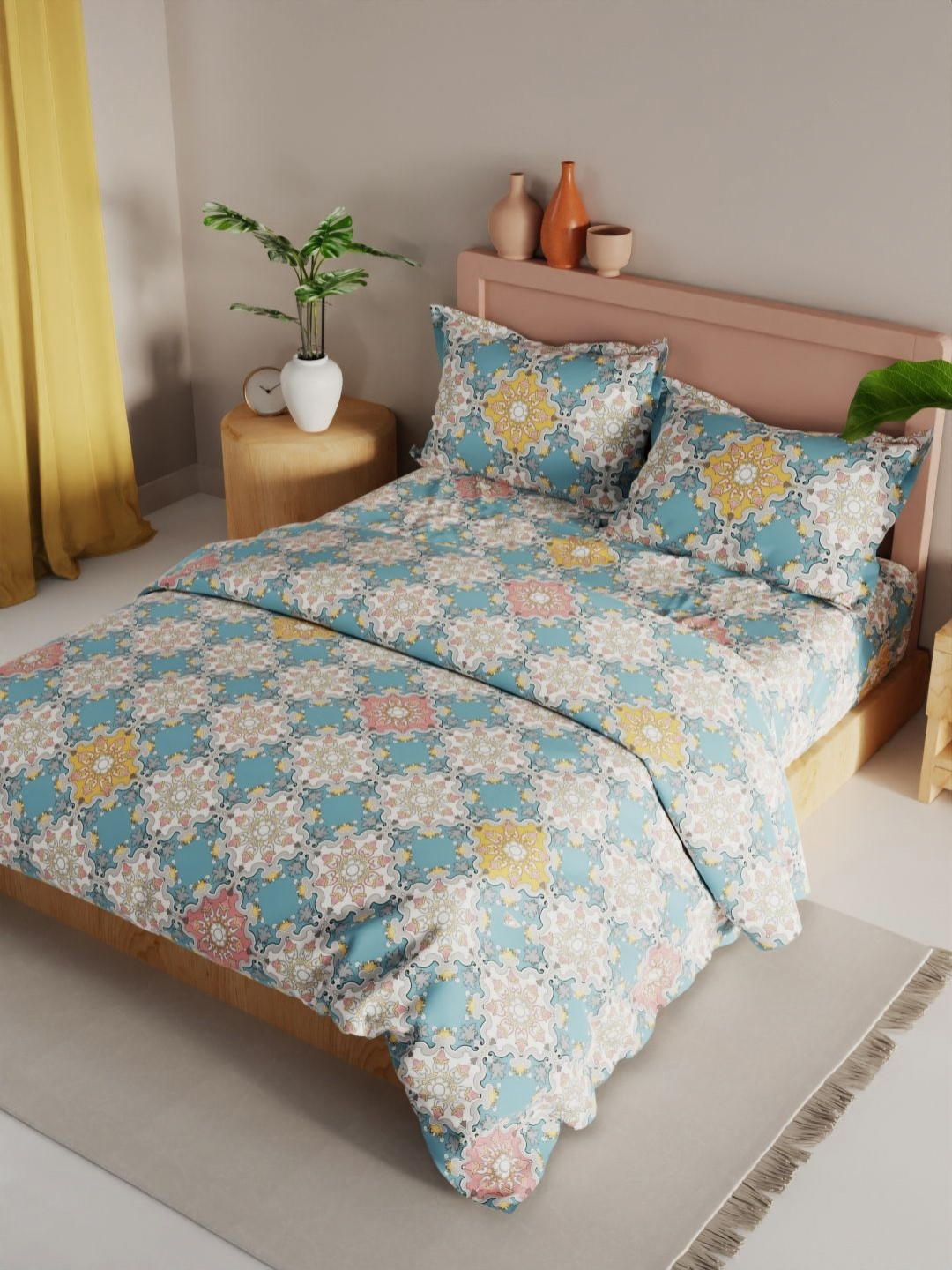 

KOPA Turquoise Blue & Pink 4 Pcs Ethnic Motifs Microfiber Double Queen Regular Bedding Set