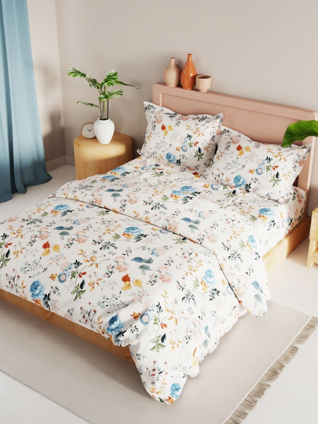 

KOPA Off White & Blue 4 Pieces Floral Printed Microfiber Double King Regular Bedding Set