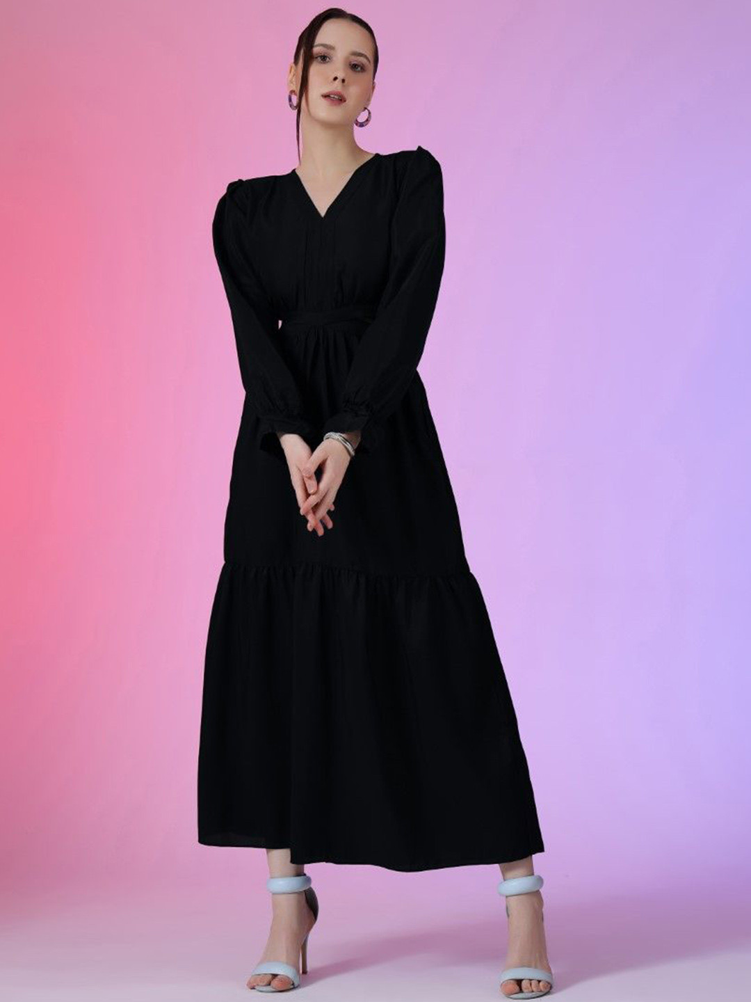 

Femvy Women Applique Crepe Fit & Flare Cut - Outs Maxi Dress, Black