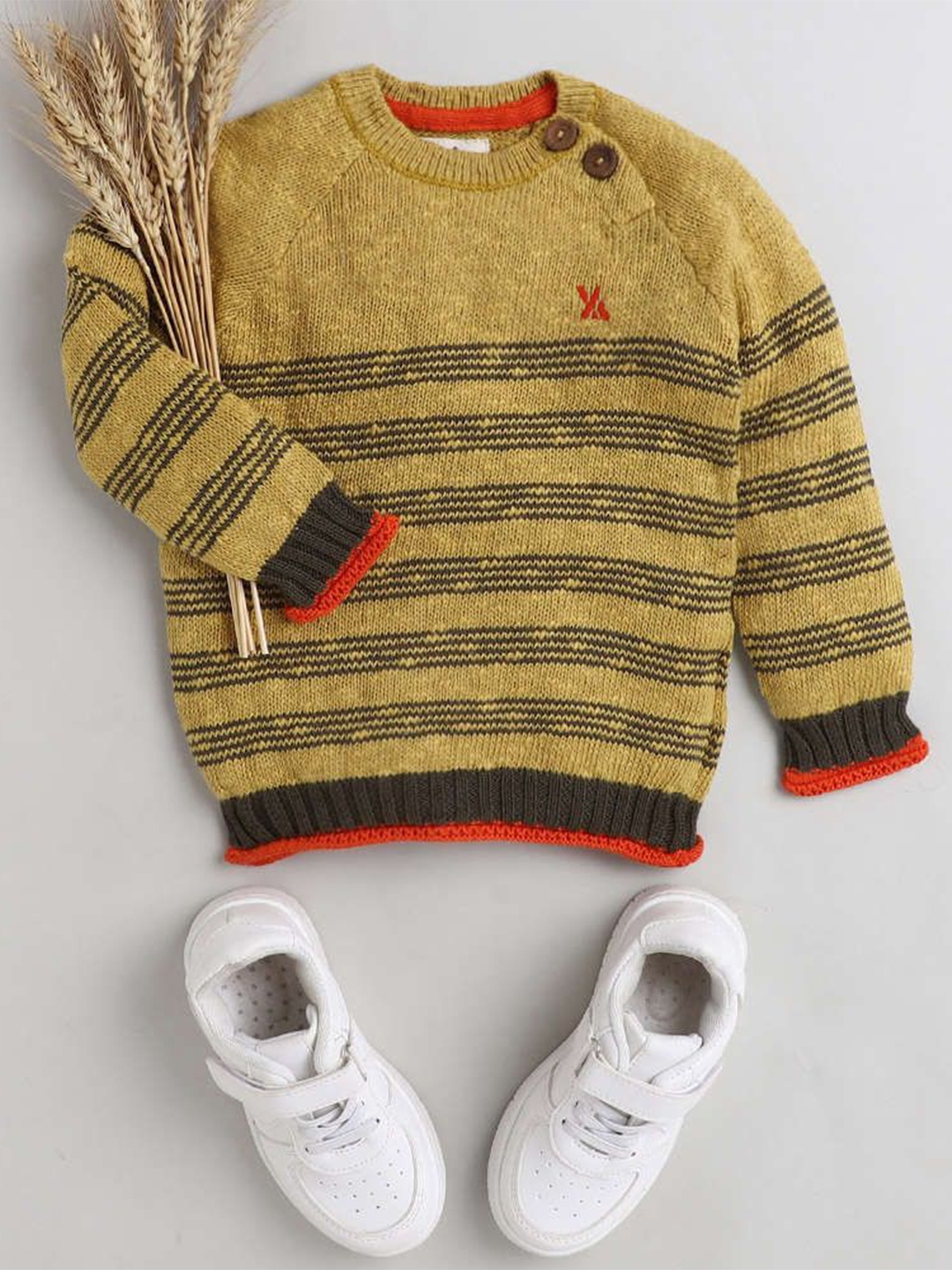 

Yellow Apple Boys Striped Woollen Pullover Warm Sweater, Mustard