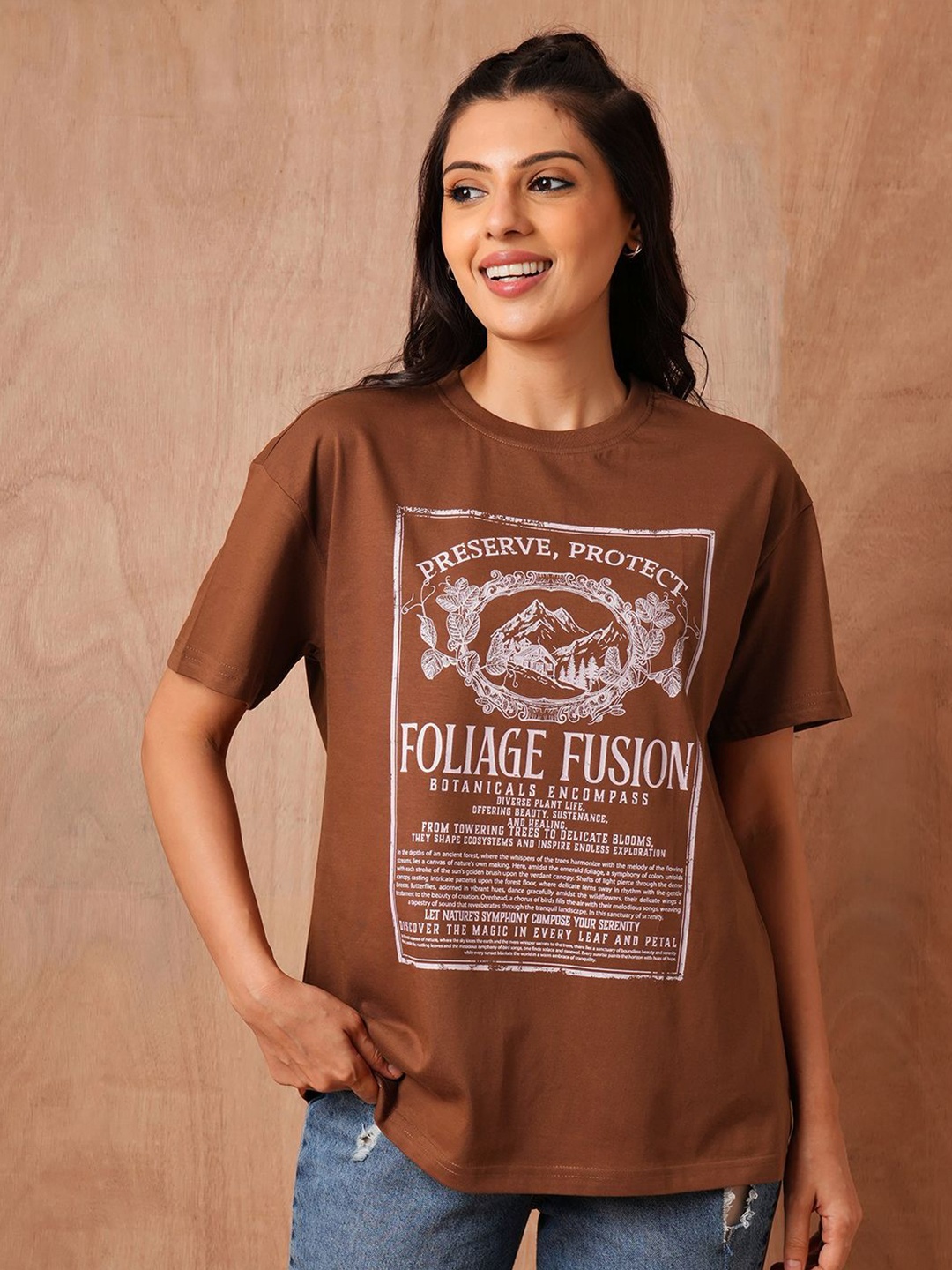 

The Roadster Lifestyle Co. Women Graphic Printed Round Neck Cotton Oversized T-shirt, Brown