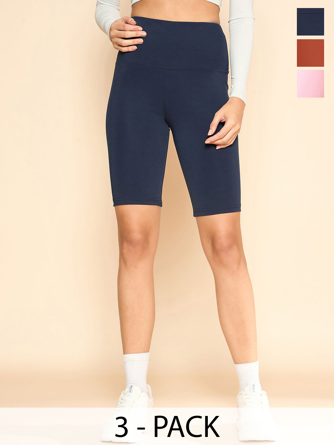 

COLOR CAPITAL Women Pack Of 3 Mid-Rise Cycling Tights, Navy blue