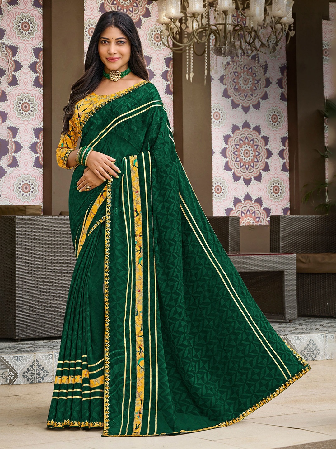 

Laxmipati Striped Embroidered Poly Chiffon Saree, Green