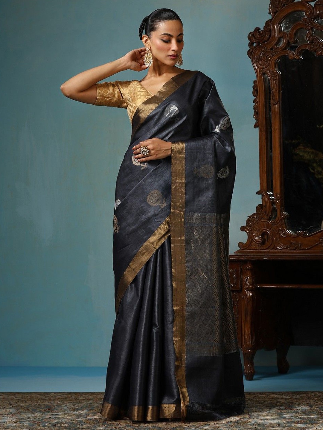 

DUSALA INDIA Woven Design Zari Saree, Navy blue