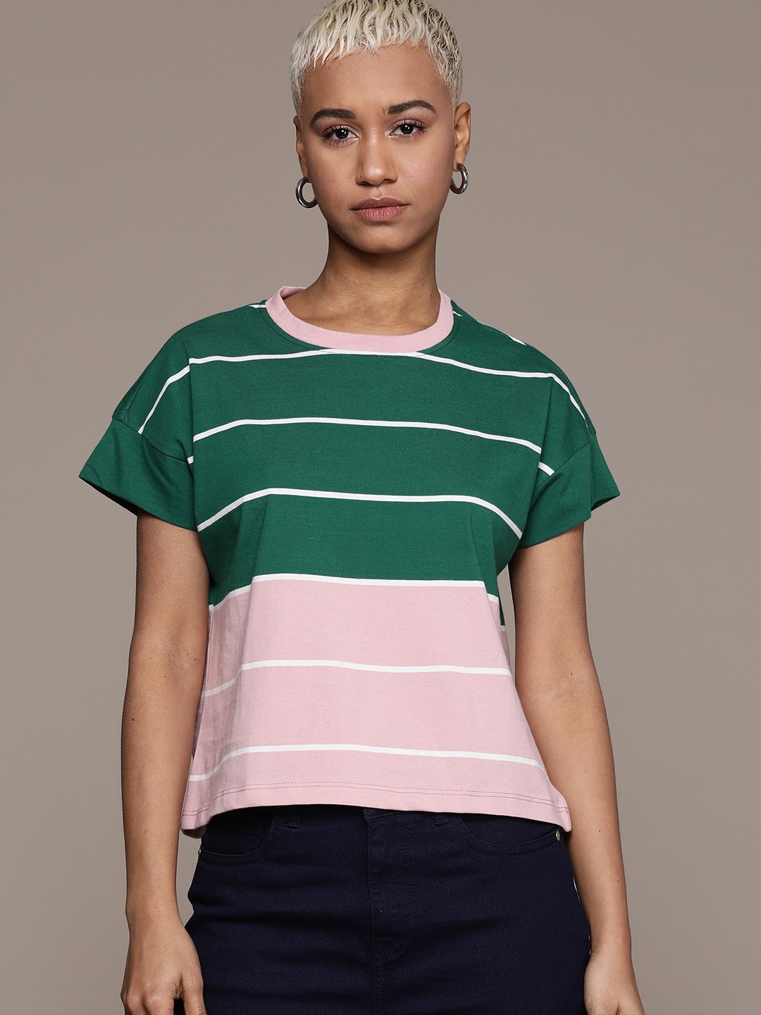 

The Roadster Lifestyle Co. Striped Extended Sleeves Pure Cotton Boxy T-shirt, Green