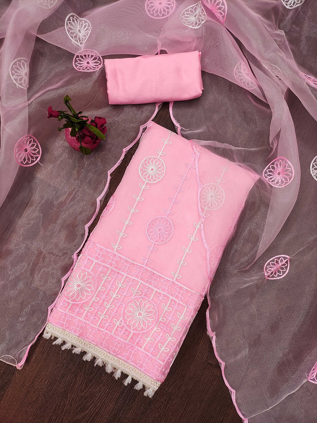 

Maroosh Embellished Thread Work Organza Unstitched Dress Material, Pink