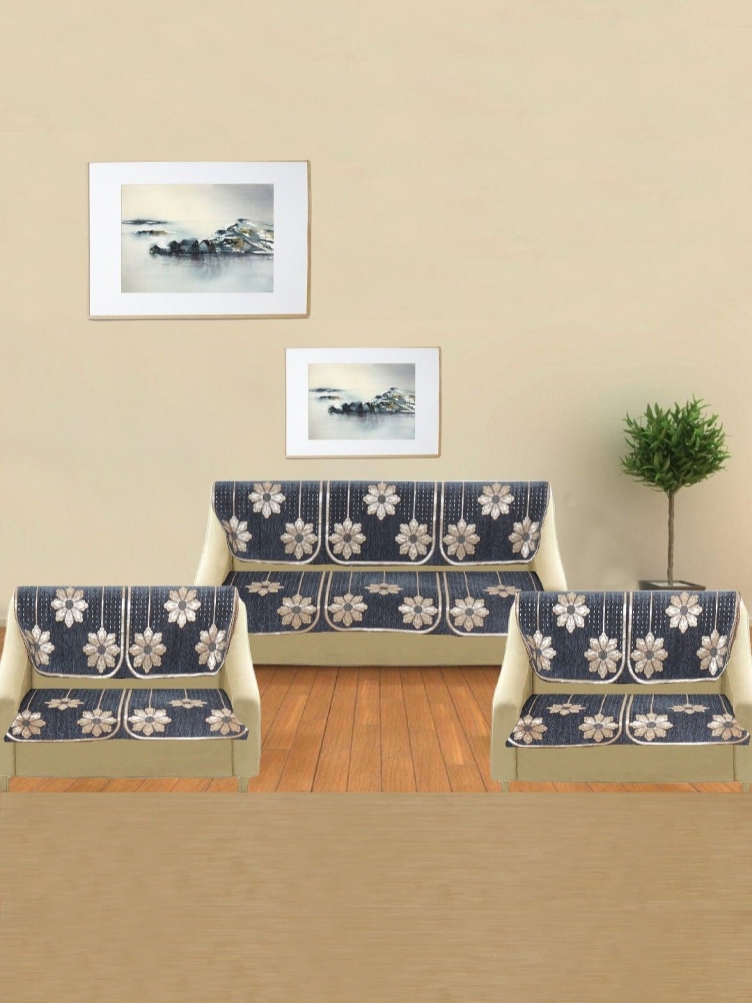 

BREVARD Grey & Gold Toned 14 Pieces Floral Printed 6 Seater Sofa Covers