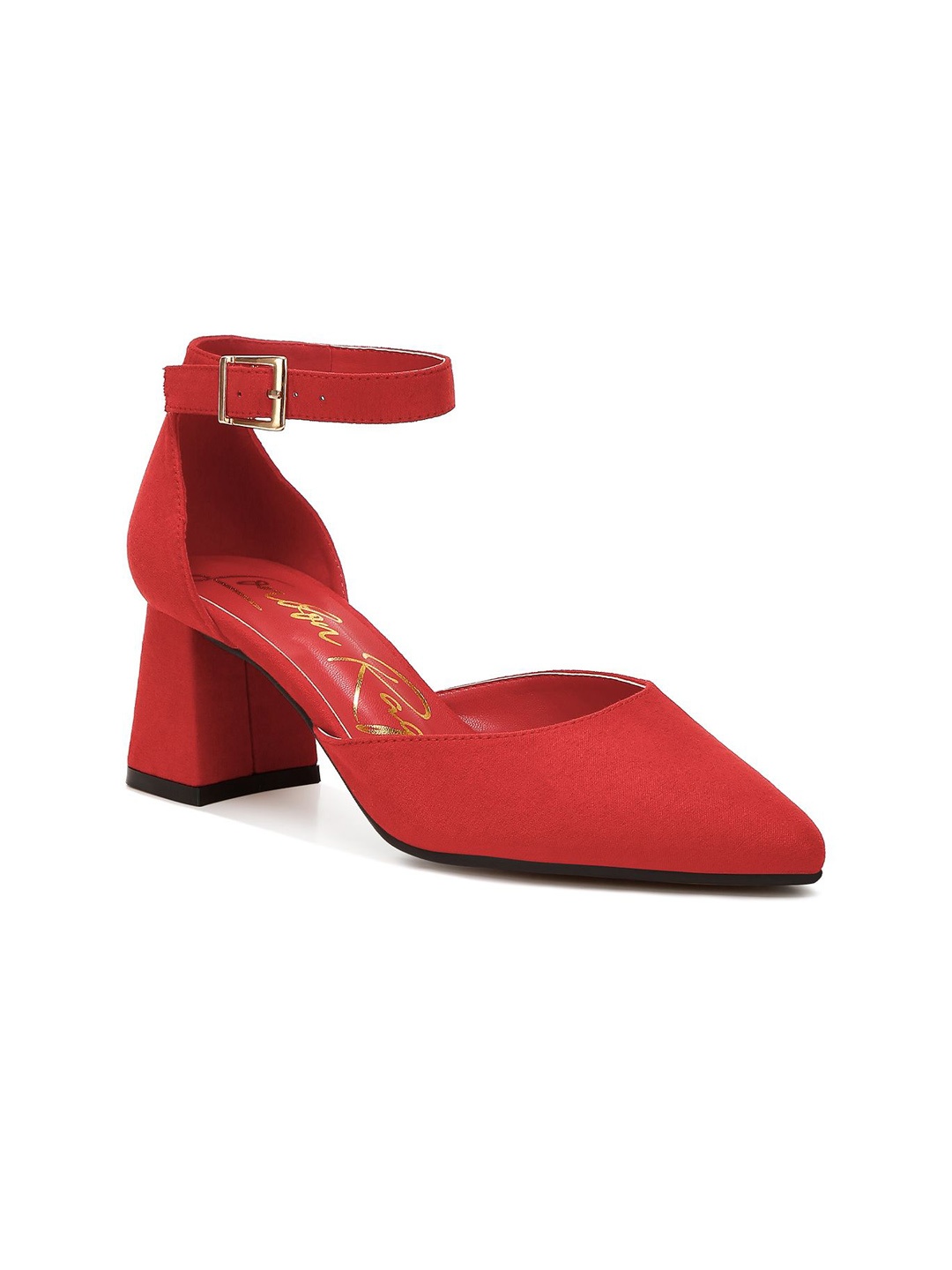 

London Rag Women Textured PU Block Pumps with Buckles, Red