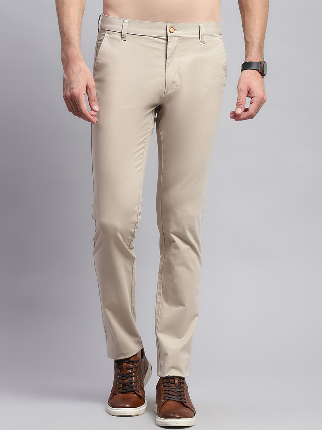 

Monte Carlo Men Mid-Rise Slim Fit Regular Trousers, Beige