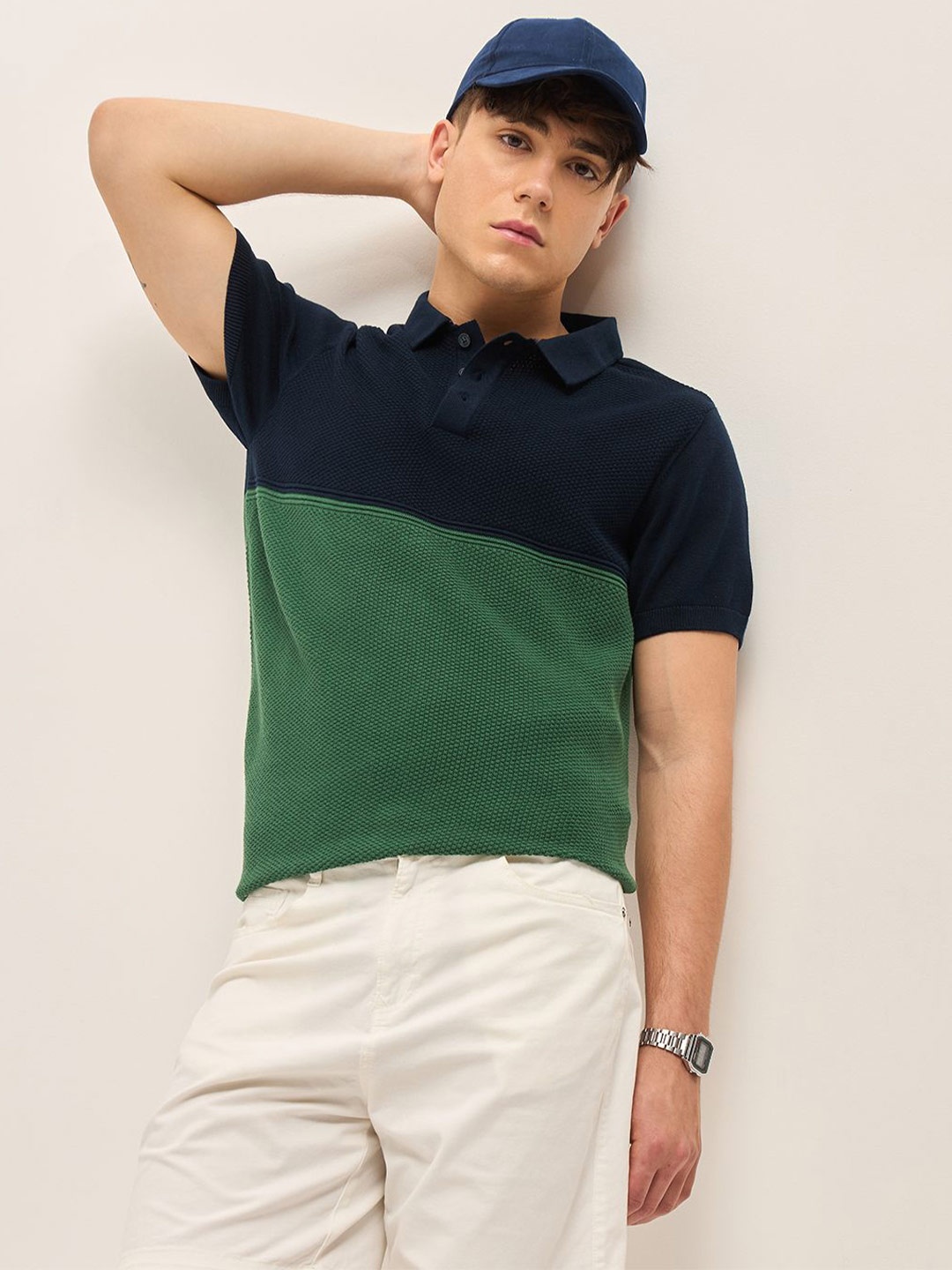 

THE BEAR HOUSE Men Colourblocked Polo Collar Cotton T-shirt, Navy blue