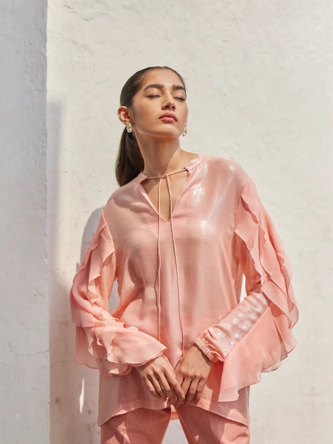 

BETRUE Women Solid Ruffles Mandarin Collar Top, Peach