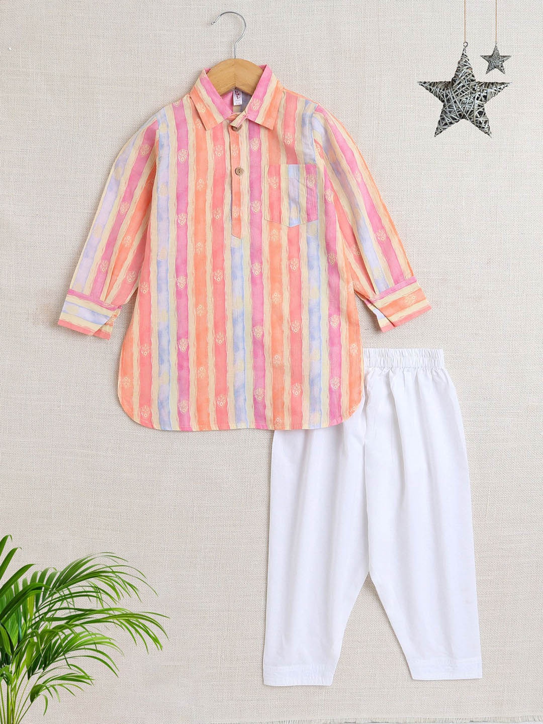 

The Magic Wand Boys Striped Long Sleeves Shirt Collar Straight Kurta with Pyjamas, Peach