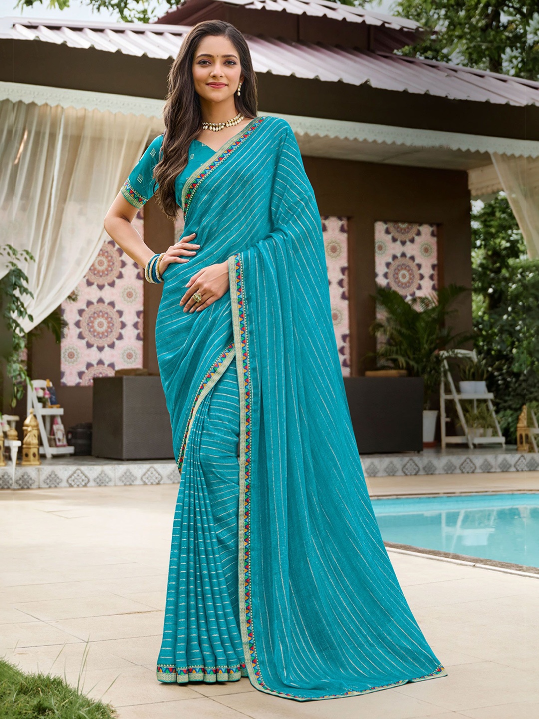 

Laxmipati Striped Embroidered Saree, Blue