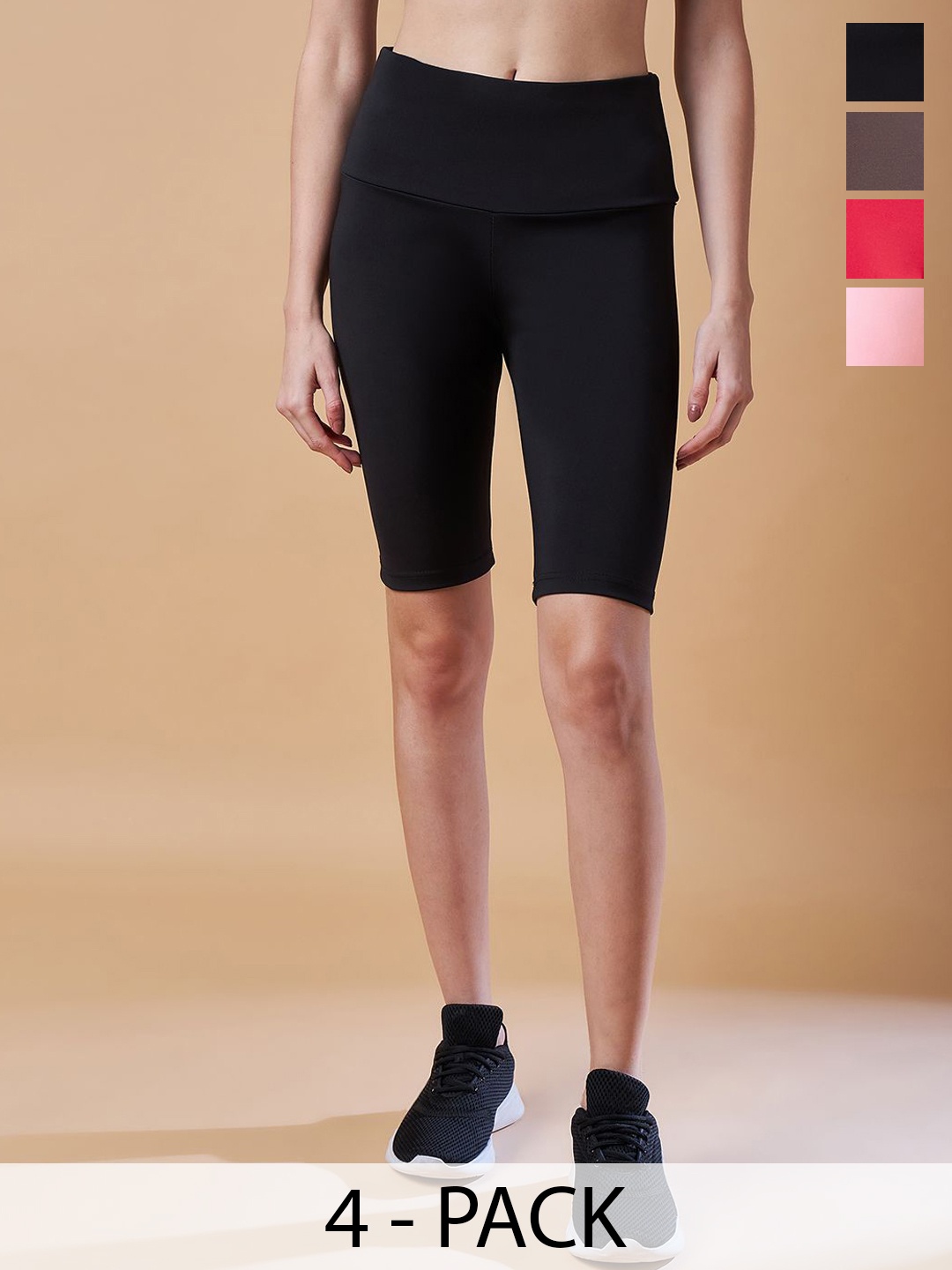 

COLOR CAPITAL Women Pack Of 4 High Rise Above Knee Gym Tights Cycling Shorts, Black