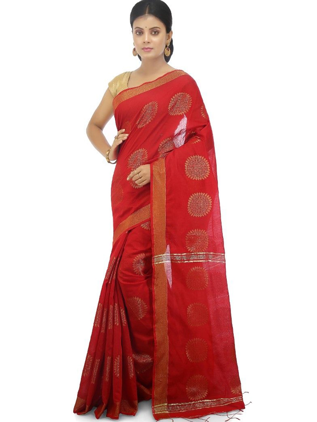 

BENGAL HANDLOOM Ethnic Motifs Woven Design Zari Taant Saree, Red