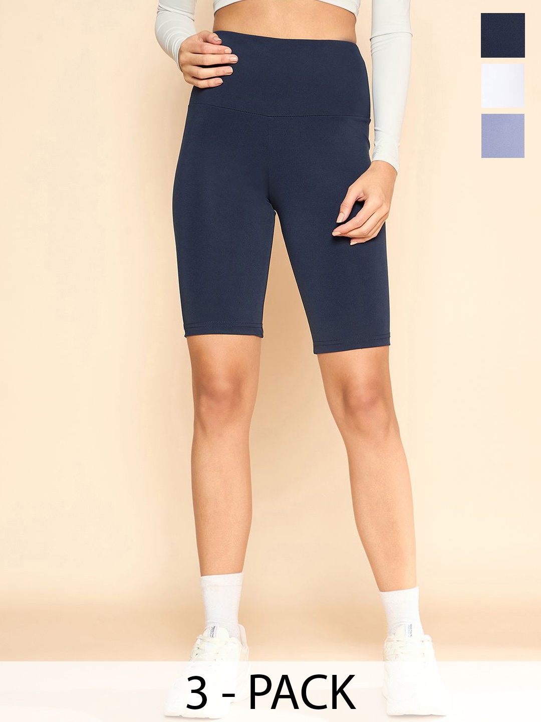 

COLOR CAPITAL Pack Of 3 Women High Rise Above Knee Gym Tights, Navy blue