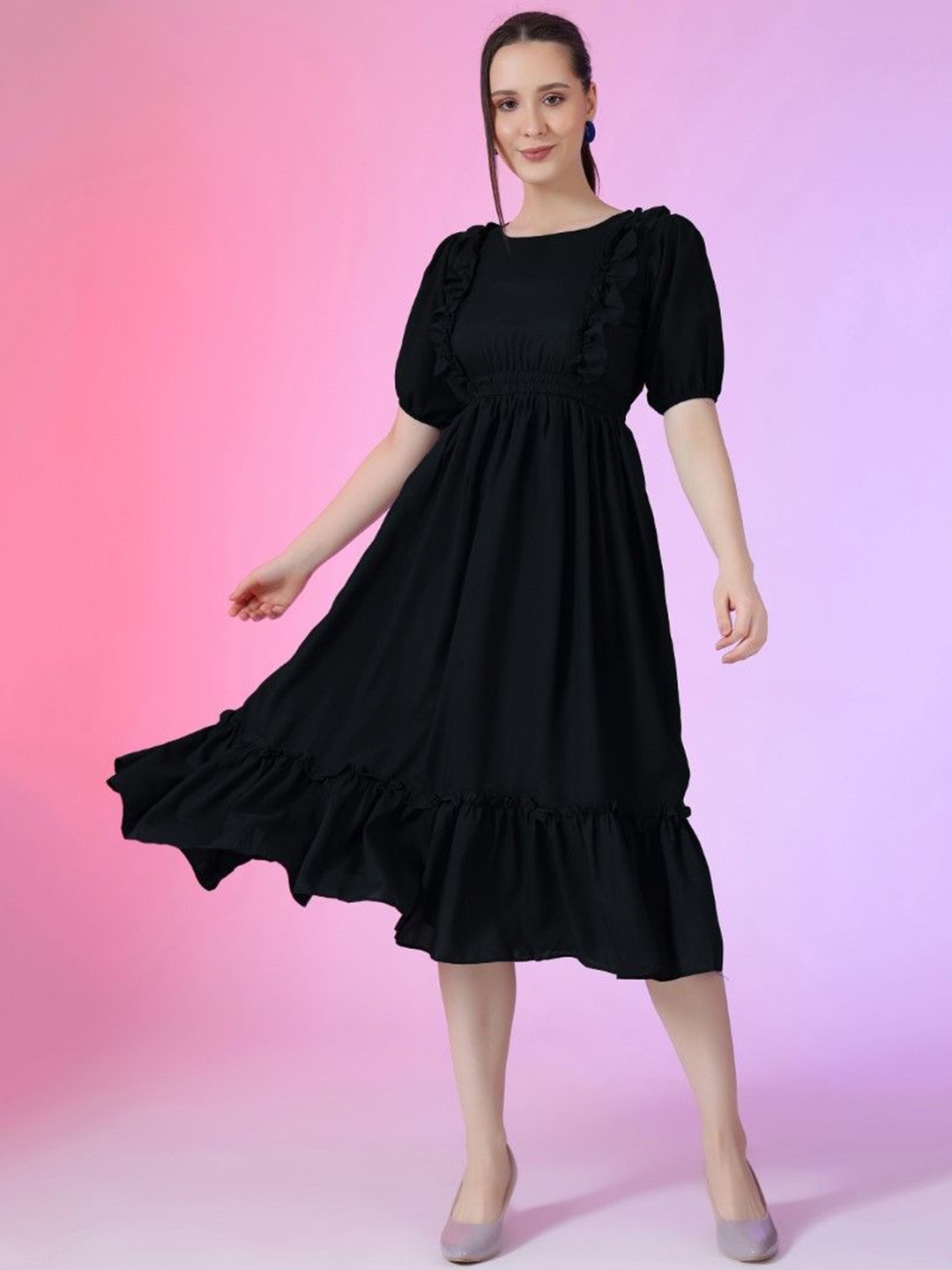 

Femvy Women Puff Sleeve Applique Fit & Flare Dress, Black