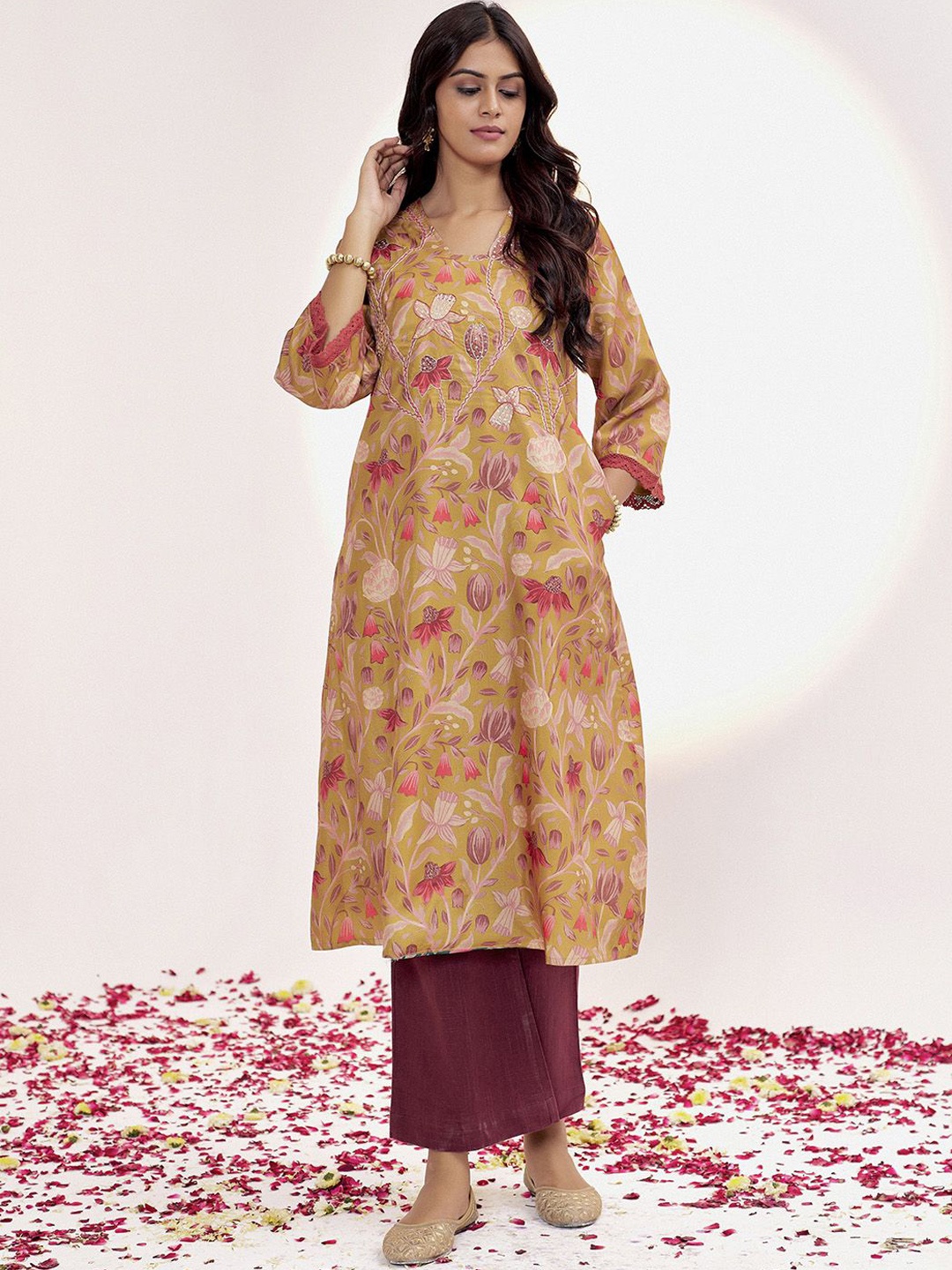 

Jaipur Kurti Botanical Printed A-line Kurta, Mustard