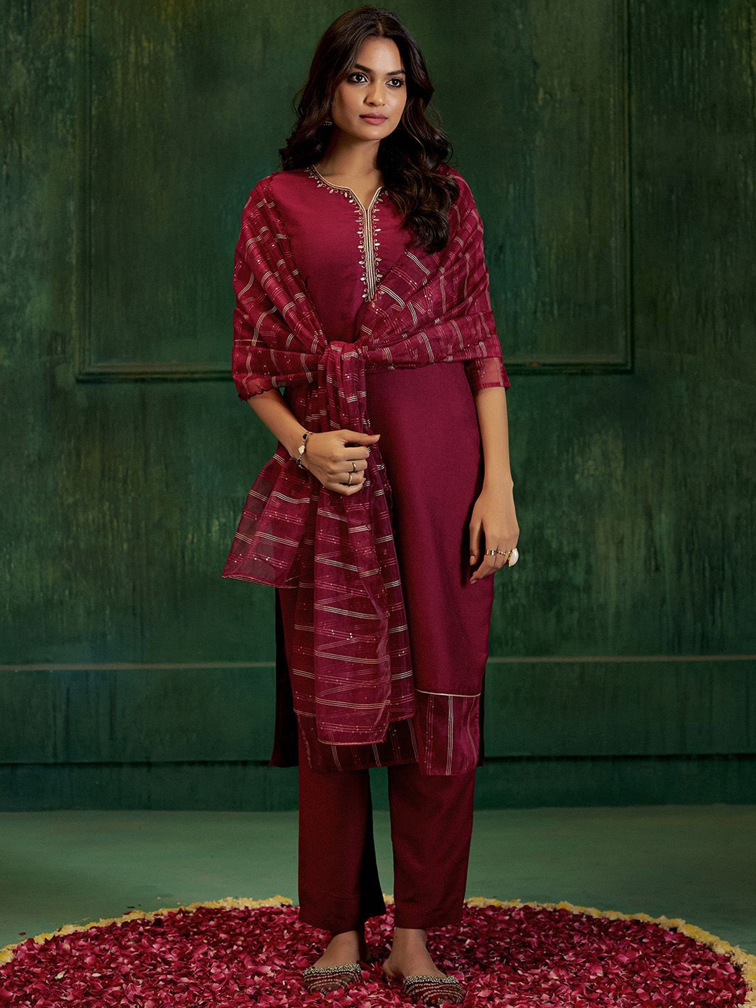 

Jaipur Kurti Festive Embroidered Poly Silk Kurta Set With Dupatta, Maroon