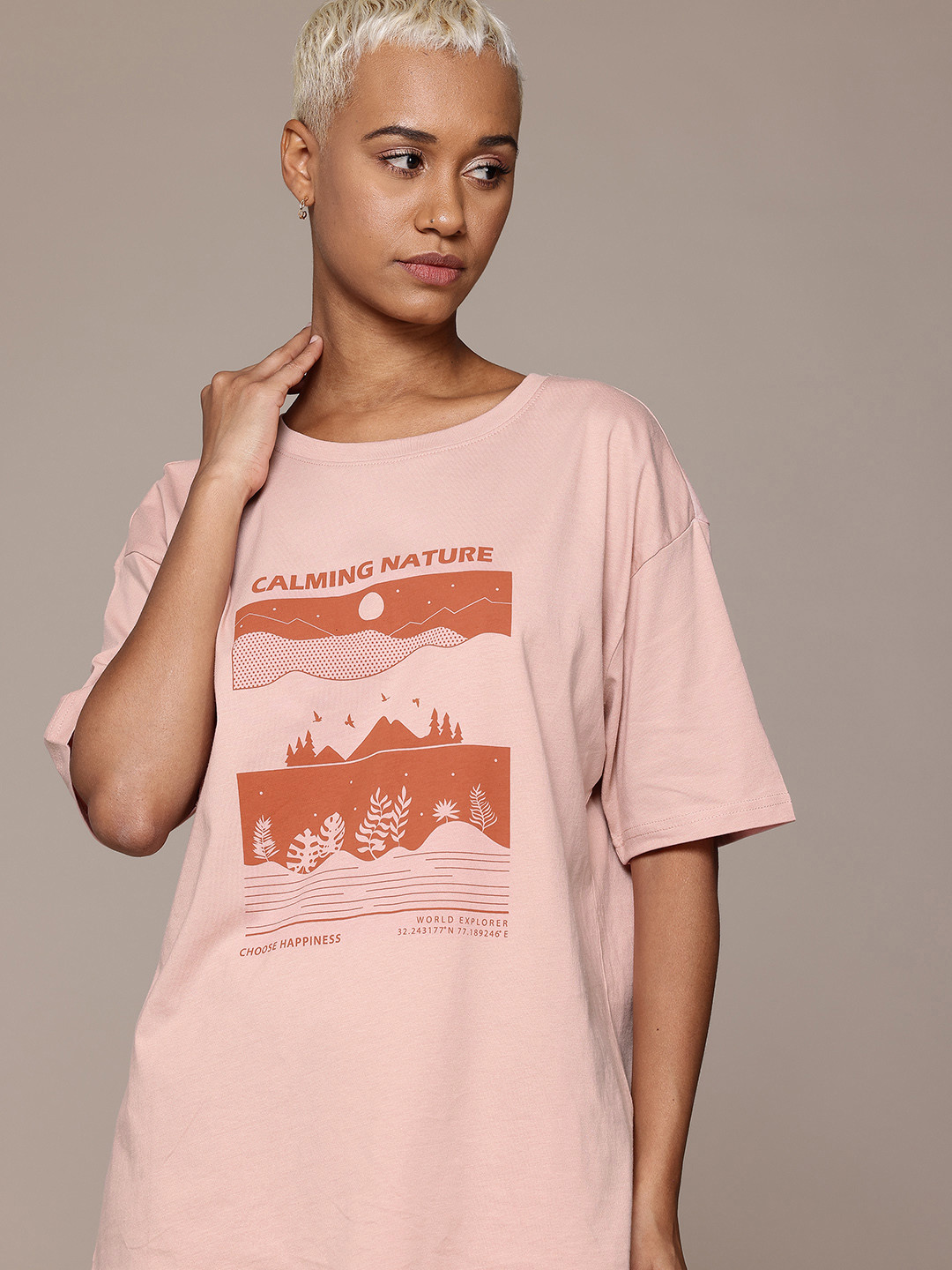 

The Roadster Lifestyle Co. Printed Oversized Pure Cotton T-shirt, Peach