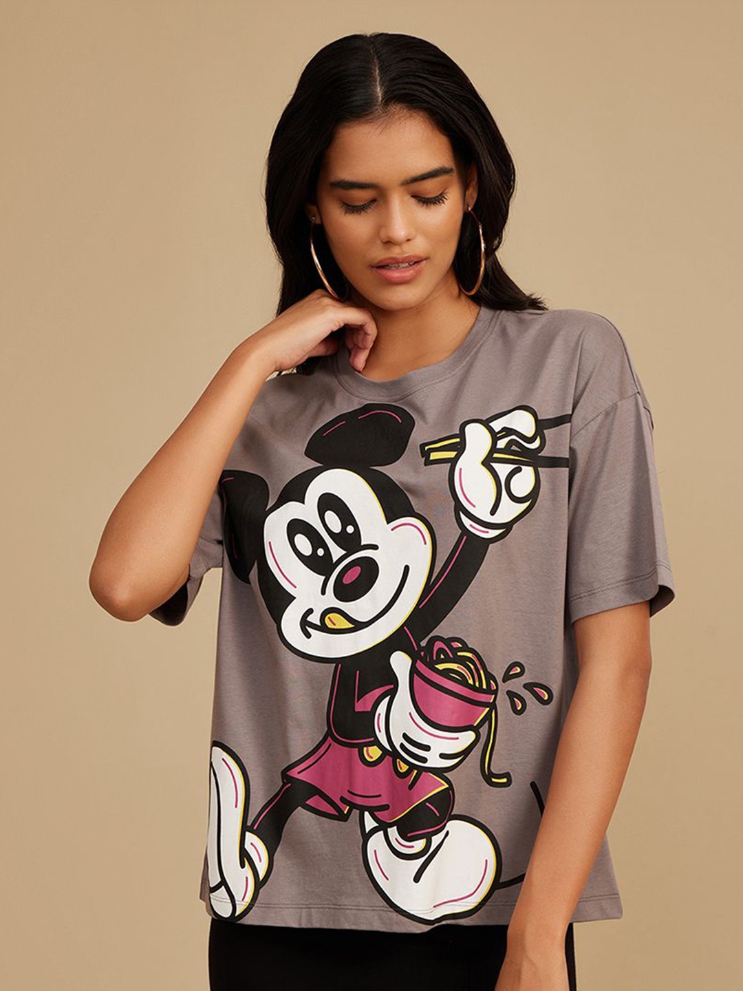 

Kazo Women Mickey Mouse Graphic Printed Round Neck Cotton T-shirt, Grey