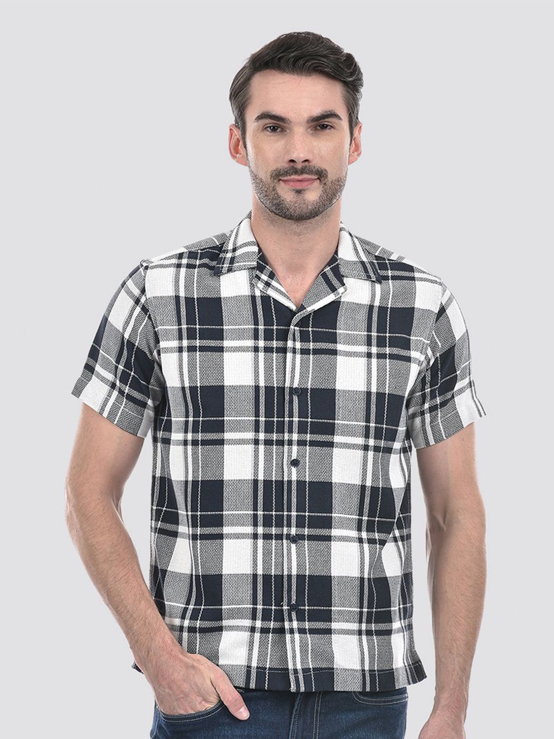 

Numero Uno Men Cuban Collar Windowpane Checked Cotton Casual Shirt, Navy blue