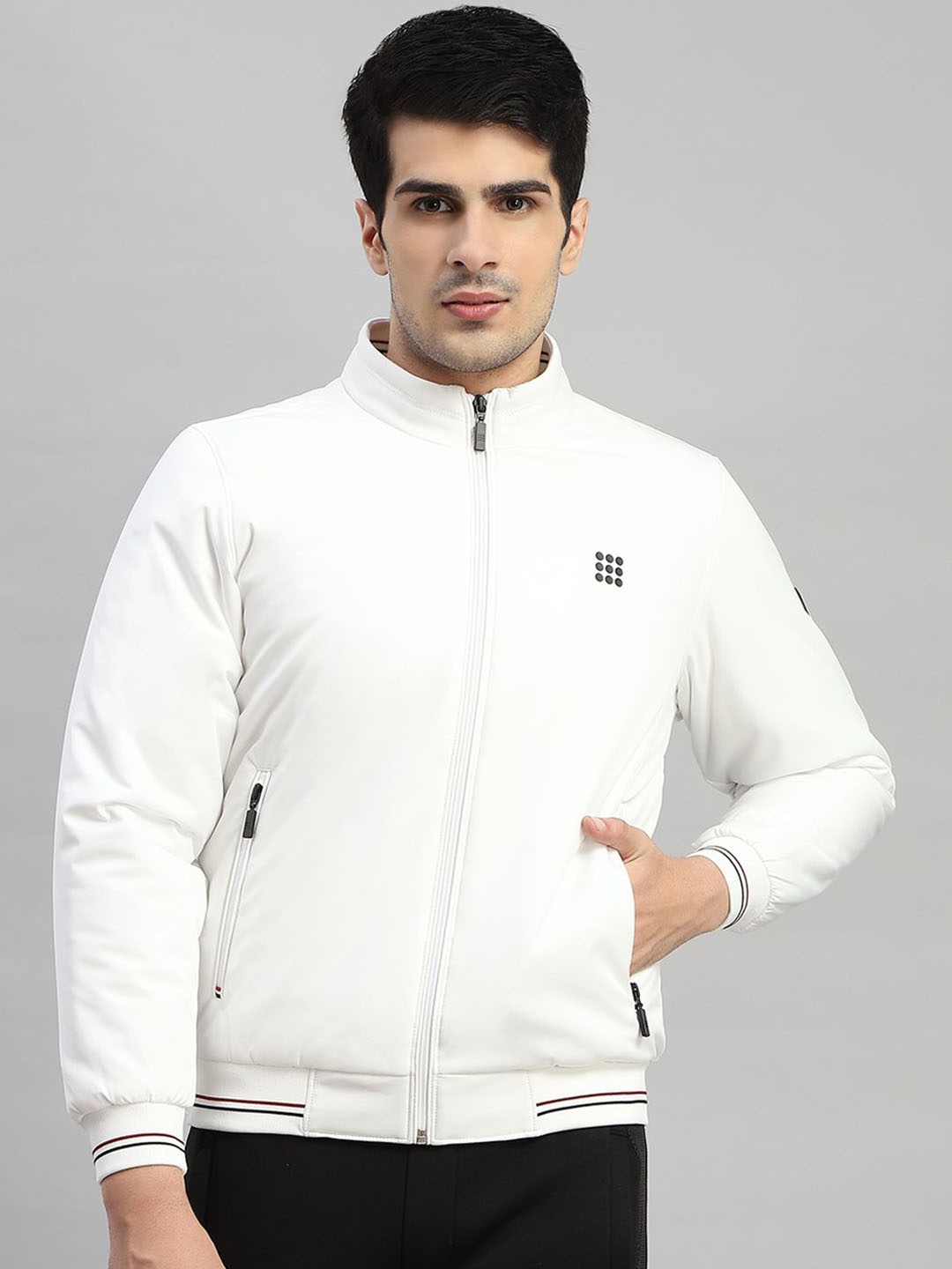 

rock.it Men Mock Collar Solid Casual Bomber Jacket, White