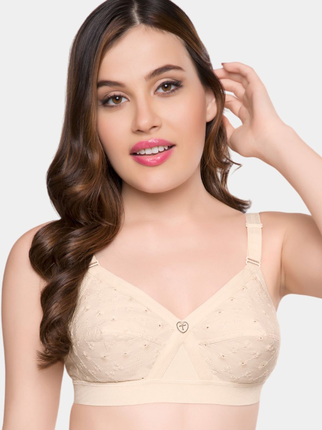 

Trylo Krutika Chikan Pure Cotton Non-Padded Non-Wired Full Coverage Bra, Beige