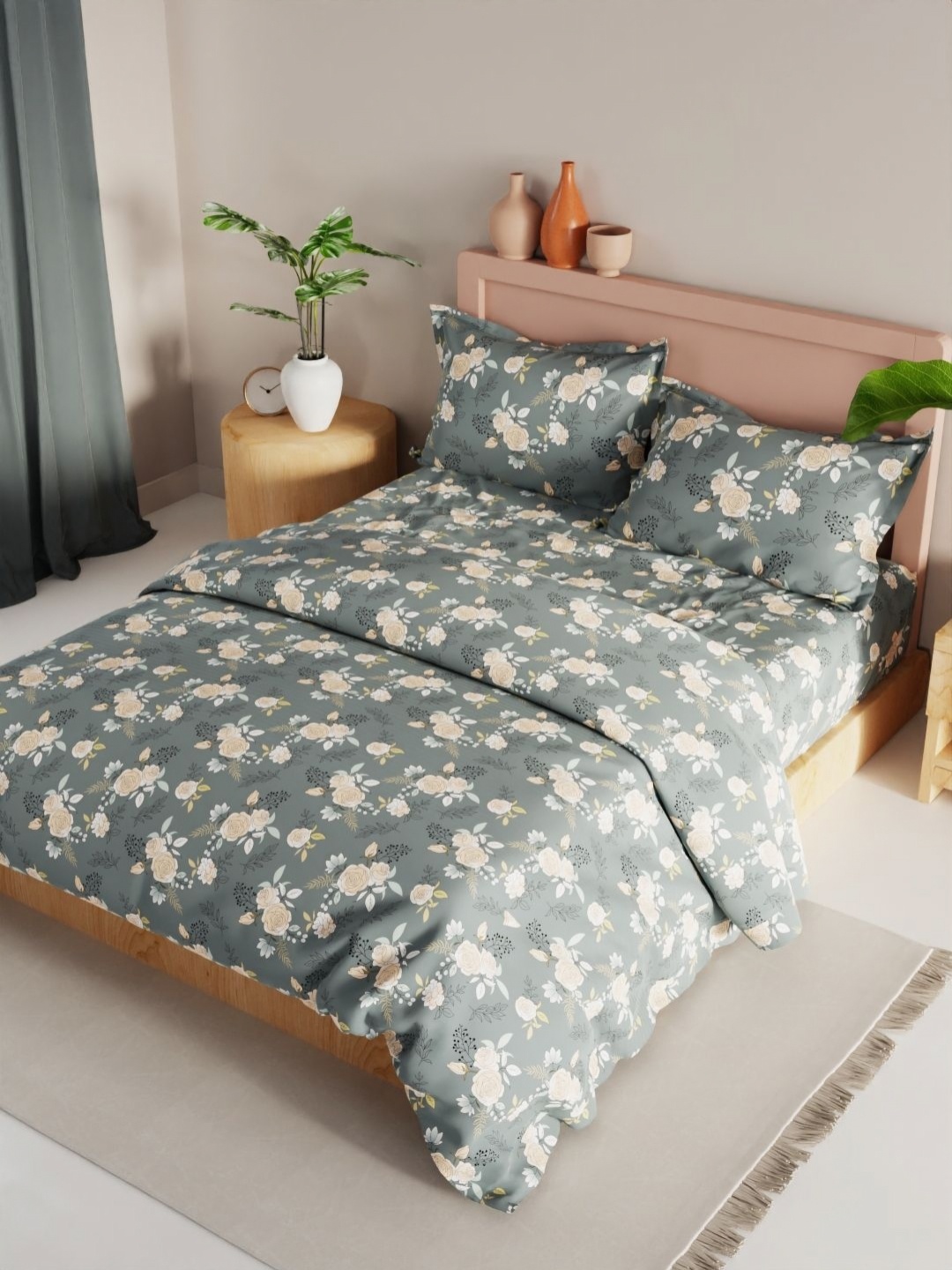 

KOPA Green & White Floral Other 4 Piece Double Queen Regular Bedding Set