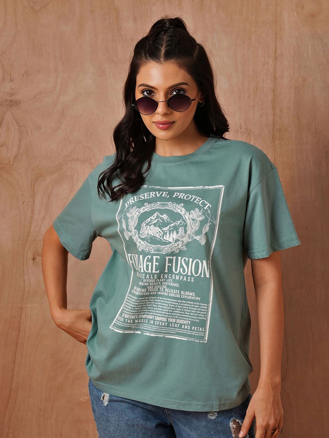 

The Roadster Lifestyle Co. Women Graphic Printed Round Neck Cotton Oversized T-shirt, Sea green