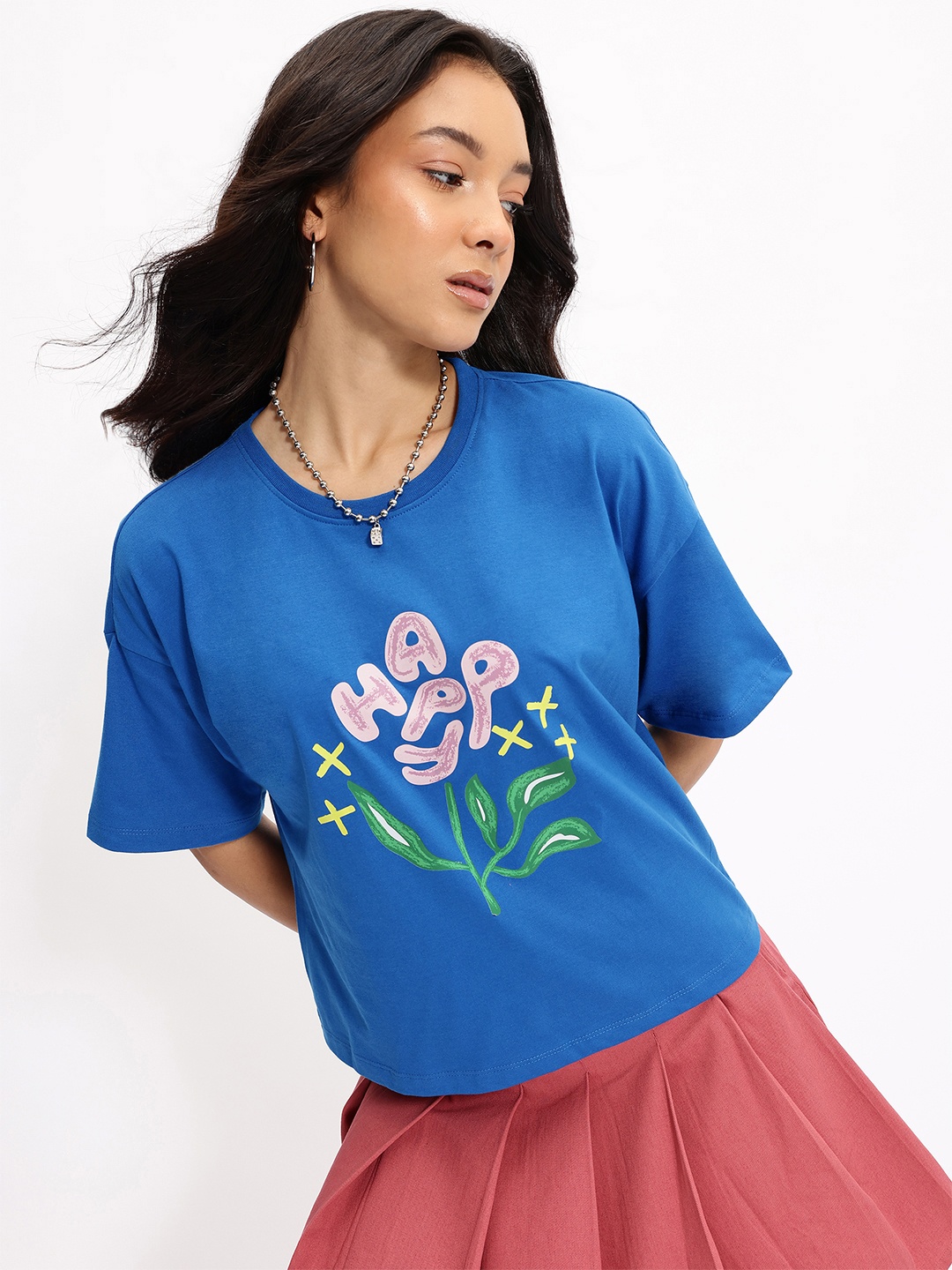 

DressBerry Happy Hour Drop-Sleeves Crop T-shirt, Blue