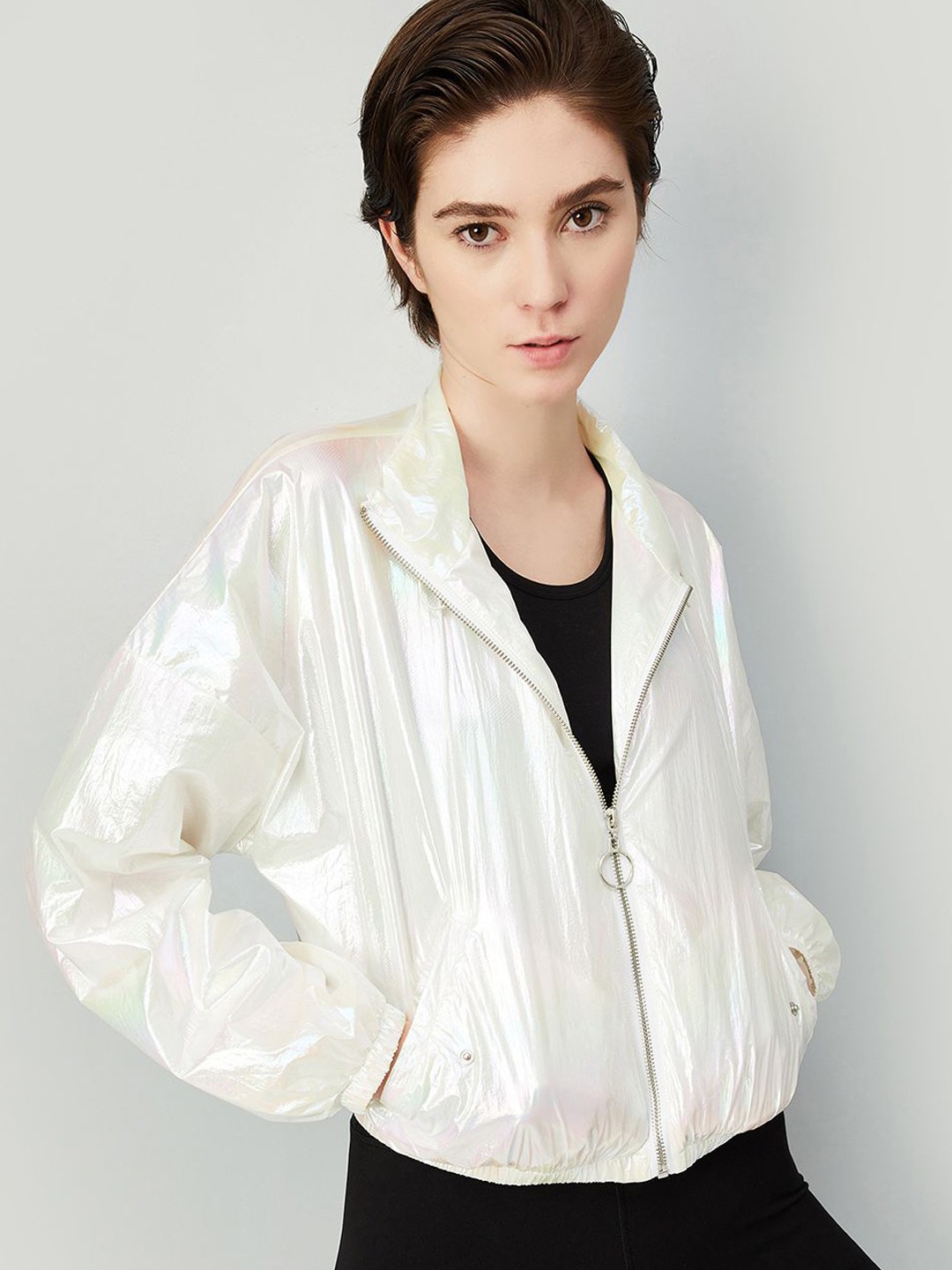 

max Women Mock Collar Solid Nylon Casual Open Front Jacket, Beige