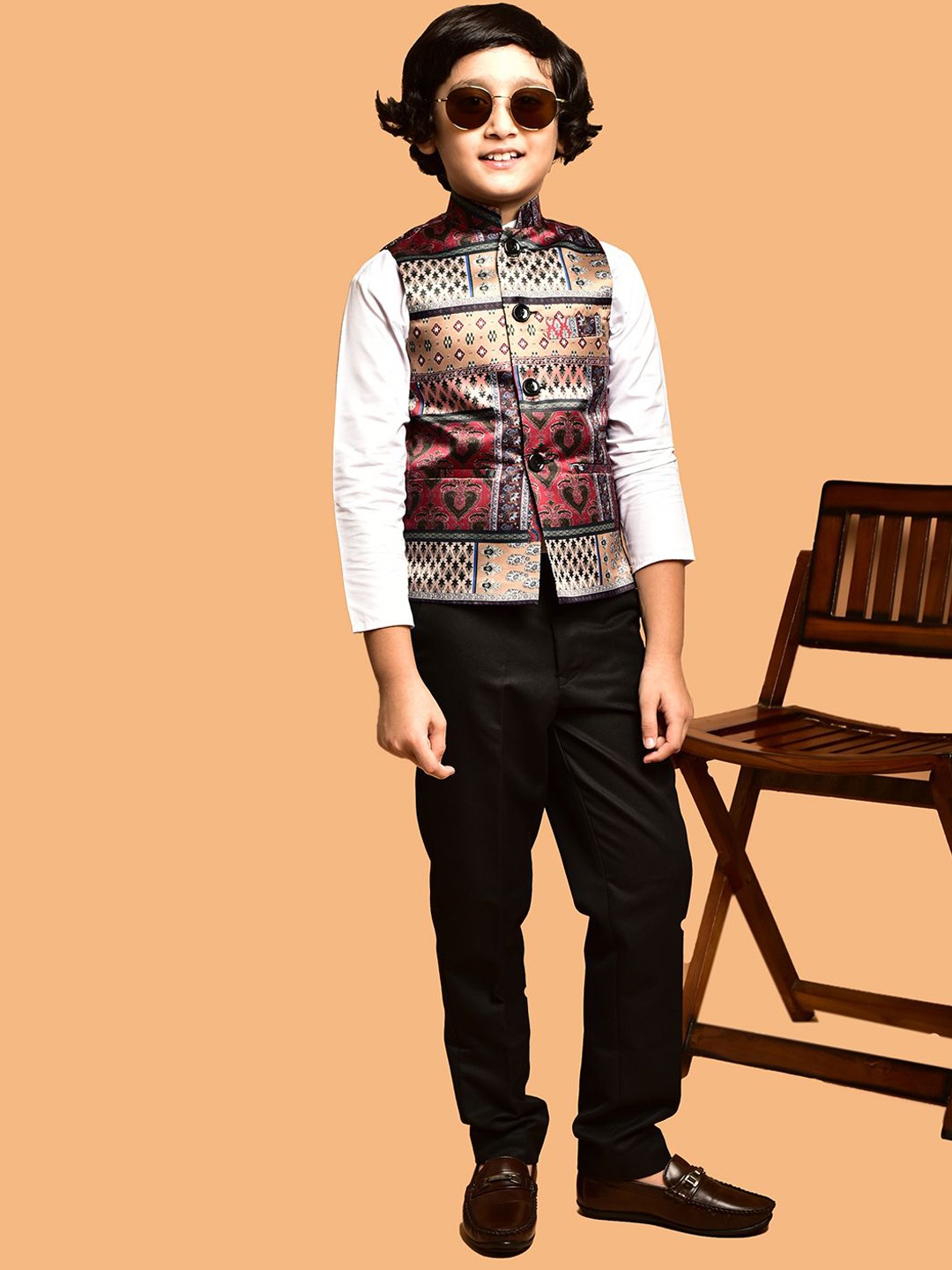 

PRINTCULTR Boys Printed Satin Nehru Jackets, Brown
