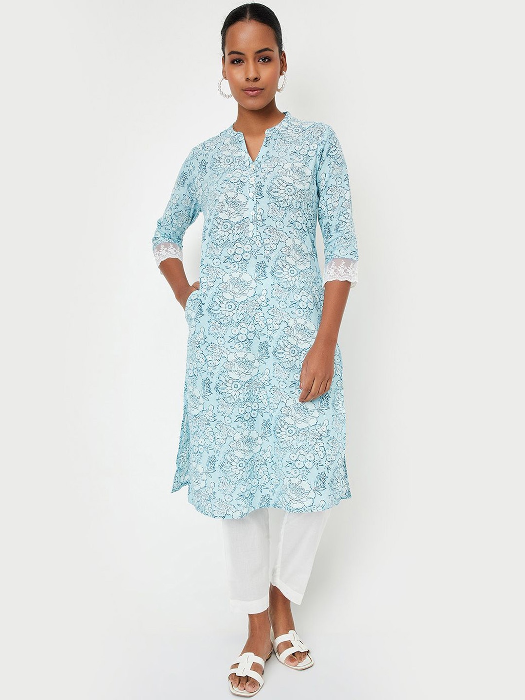 

max Floral Printed Mandarin Collar Straight Kurta with Trousers, Blue