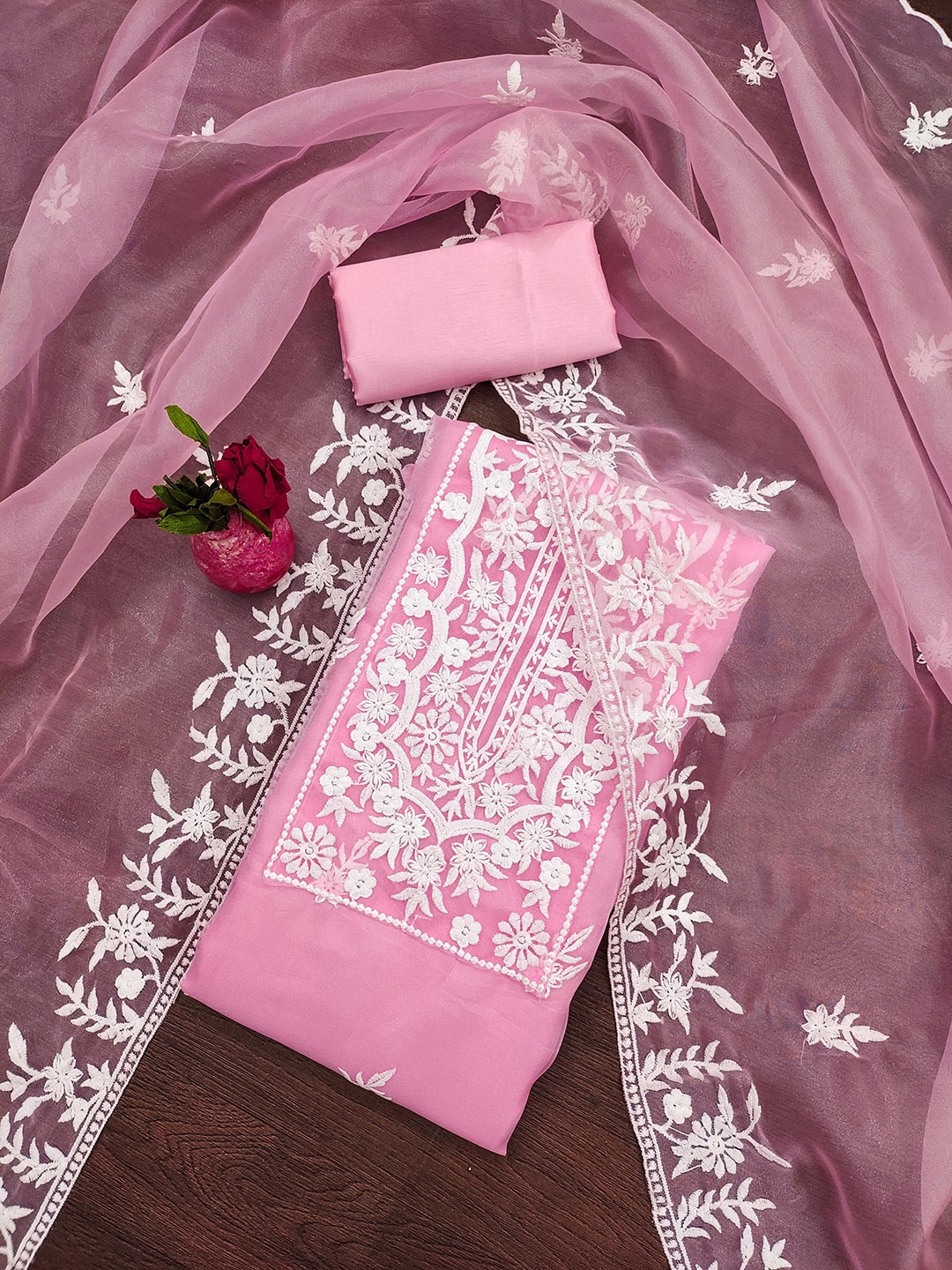 

Maroosh Floral Embroidered Thread Work Organza Unstitched Dress Material, Pink